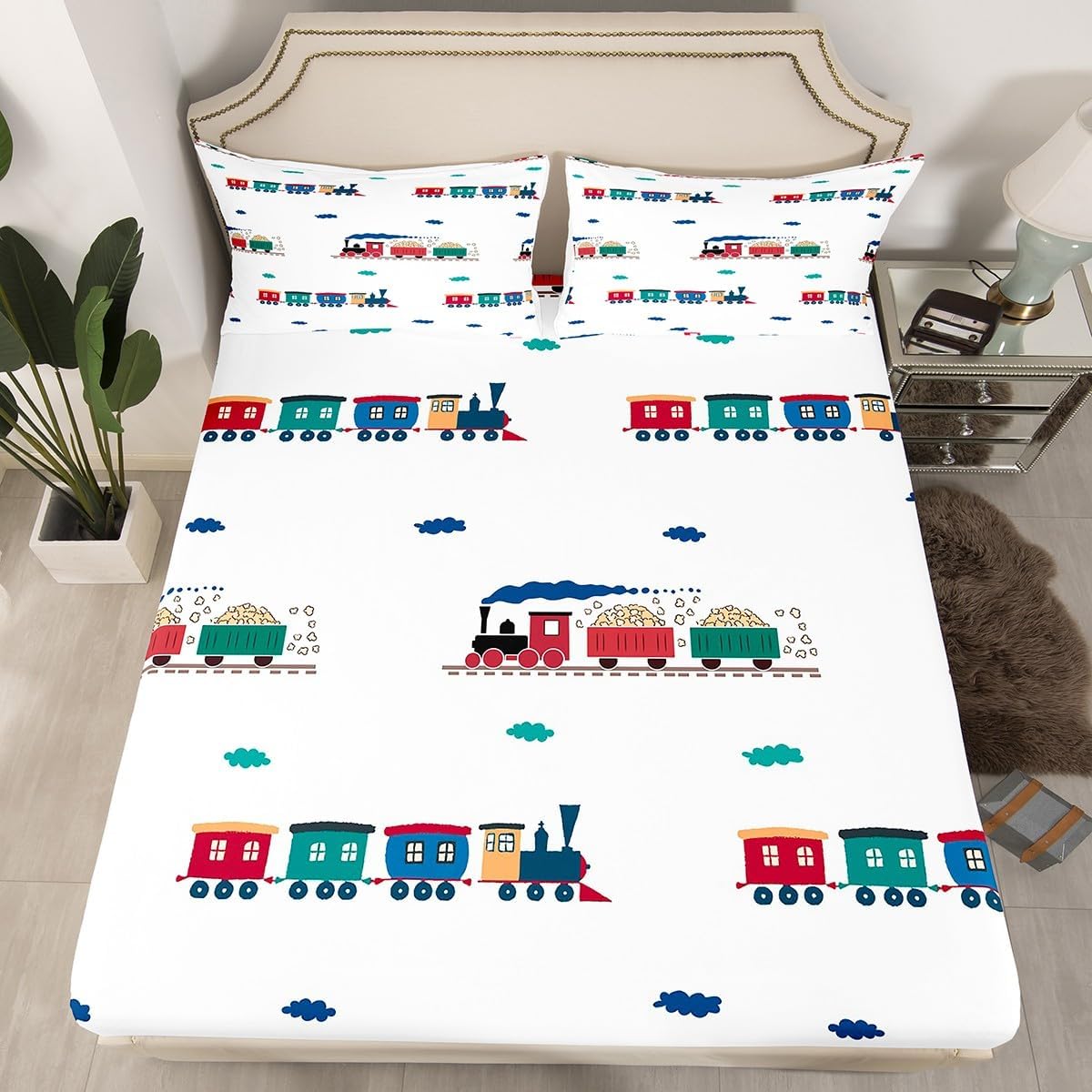 Cartoon Car Bedding Set Kids Train Fitted Sheet Queen Size Boys Girls Colorful Clouds Decor Bed Sheet White Microfiber Train Construction Rail Roads Deep Pocket Sheet 3Pcs Teens Bedroom Decor