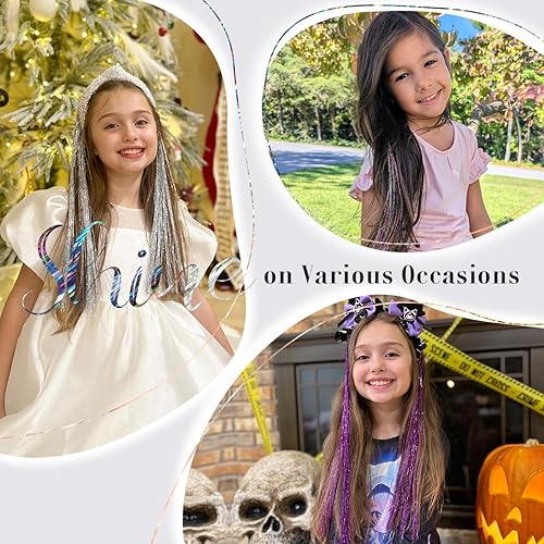 Miniatura 5 de Pinzas de oropel para el cabello, mechones de cabello con purpurina para fiestas de niños, día de cabello loco, extensiones de oropel de cabello