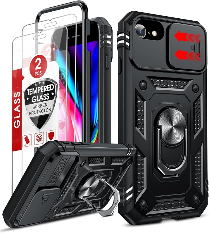 Funda LeYi para iPhone SE de 3.ª y 2.ª generación con protección de grado militar, color negro | Funda para iPhone 7/8/SE 2022 2020 con [2 paquetes] protector de pantalla, cubierta deslizante para cámara y soporte para i Phone Cover