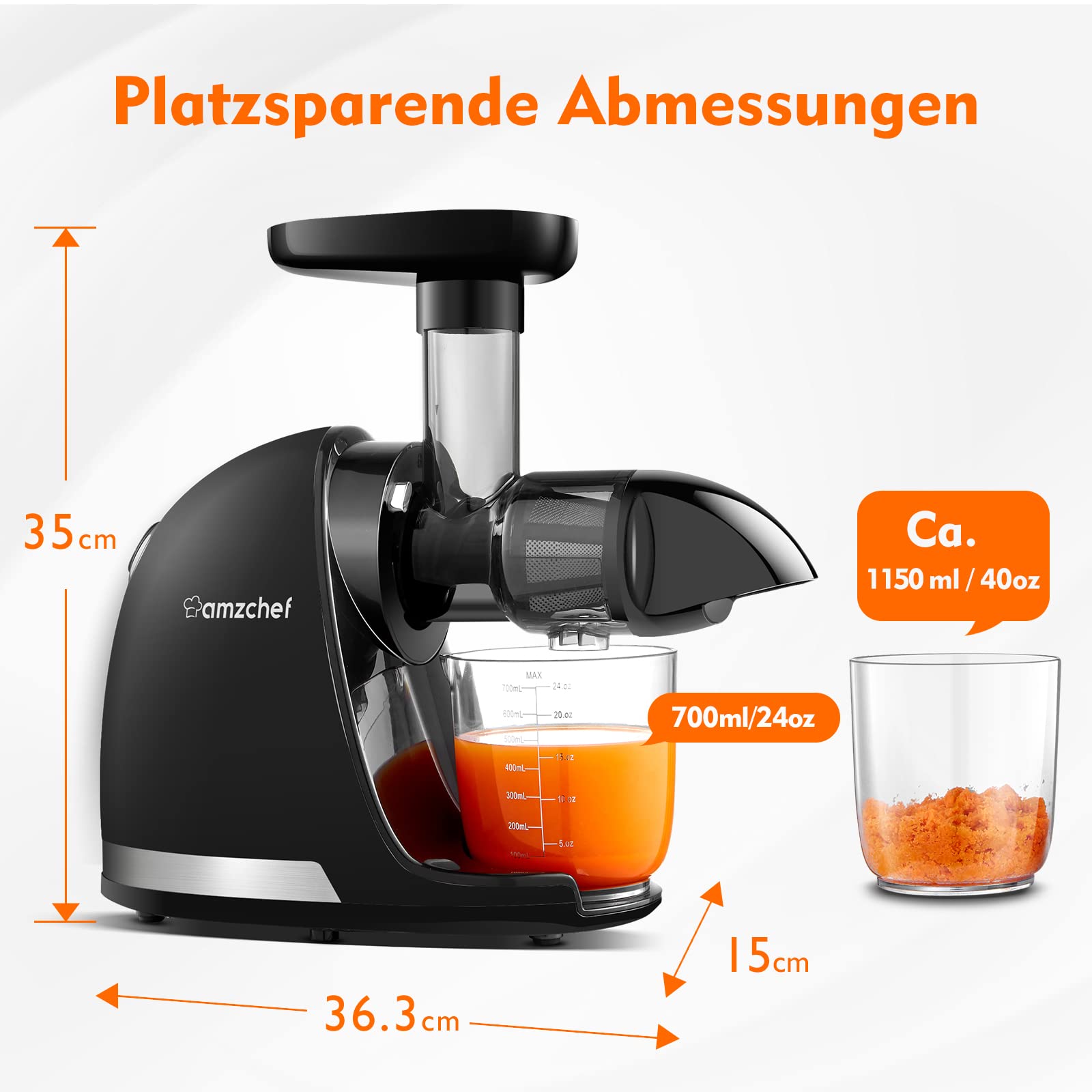 Amzchef Entsafter Gemüse und Obst Testsieger - Entsafter Slow Juicer mit Rückwärts-Kau-Funktion - Zartes Zerkleinern ohne Filtern - Saftpresse Elektrisch mit Bürste und 2 Tassen - Mattschwarz – Bild 9