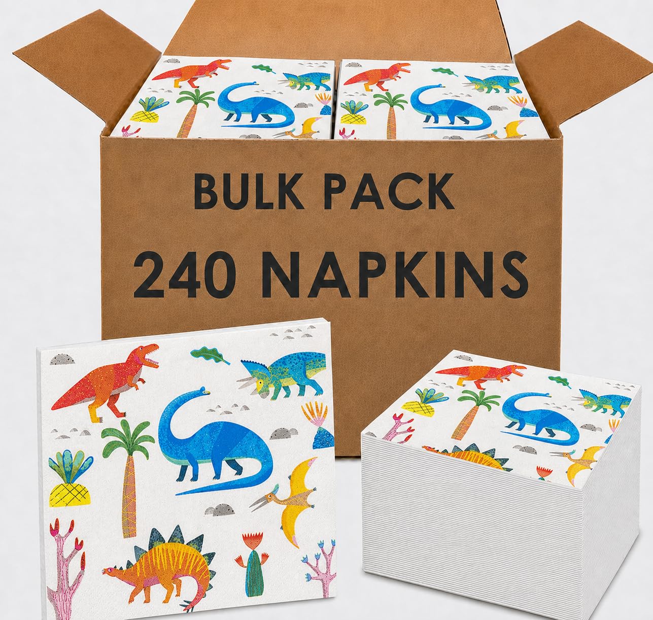 Talking Tables 240 x Dinosaur Paper Napkins - 33 cm, Cartoon Dino Design, Perfect for a Kids Dinosaur Birthday Party or Dino-Themed Celebration