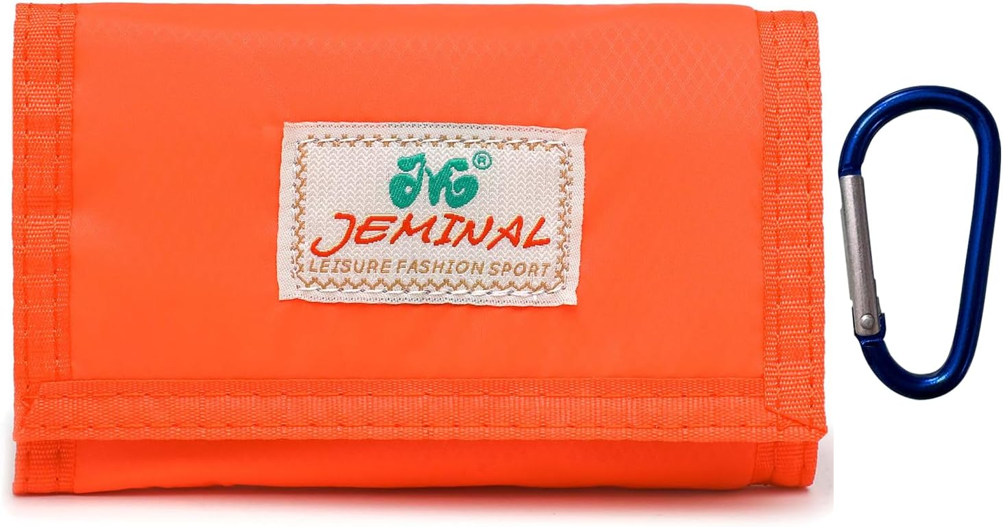 JEMINAL Mens Tri-fold Sport Outdoor Wallet for Men Women with Keychain Zipper Coin Pocket Card Holder Ultra-thin Waterproof Soft Orange Nylon