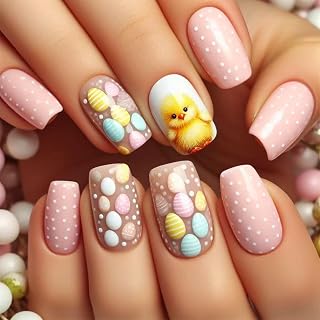 Easter Press on Nails Short Square Fake Nails Pink False Nails with Dots Eggs Designs Cute Chicken Glossy Stick on Nails Glue on Nails Easter Nails Acrylic Nails for Women Girls 24 Pcs