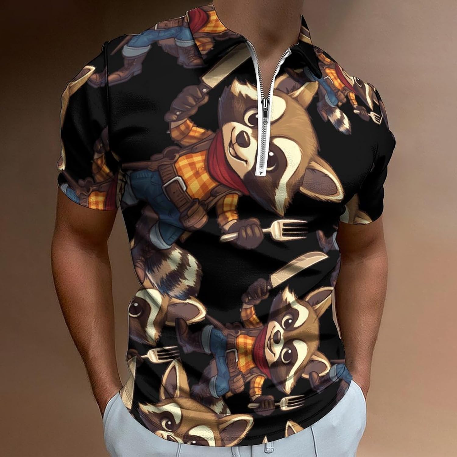 Funny Raccoon Food Lover Polo Shirts for Men Dress Shirts Short Sleeve Golf Shirt Casual T-Shirts Top