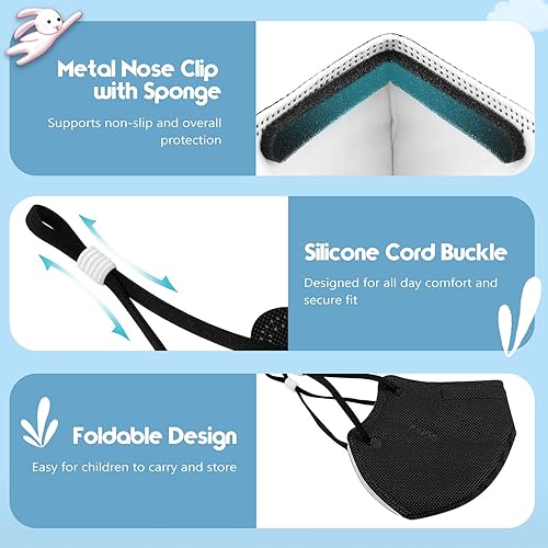Miniatura 5 de Mascarilla KN95 para niños, paquete de 50 unidades, mascarillas KN95 transpirables de 5 capas para niños, color negro