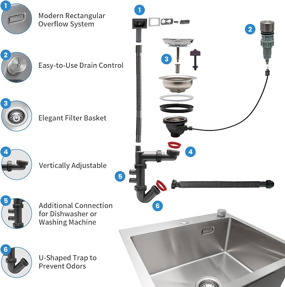 Sanycasa 40x45 cm Stainless Steel Sink Small Kitchen Sink Single Bowl Topmount with Drain Siphon and Comfortable Drain Remote Control