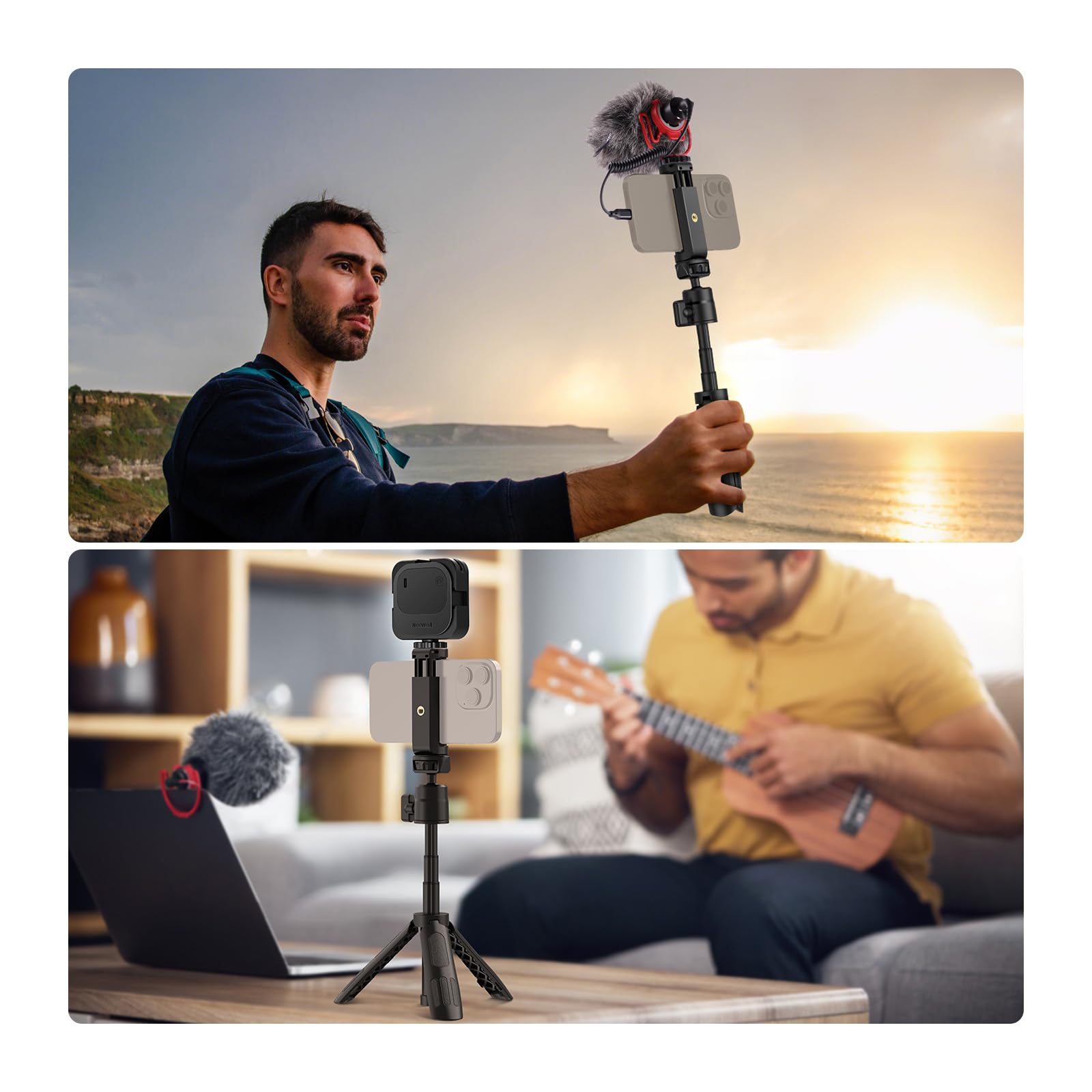 Neewer Mini stacjonarny statyw do selfie Stick kompatybilny z iPhone GoPro Insta360 DJI z głowicą kulową 360° podwyższoną osią środkową, metalowa przenośna mała kamera biurkowa, kamera internetowa