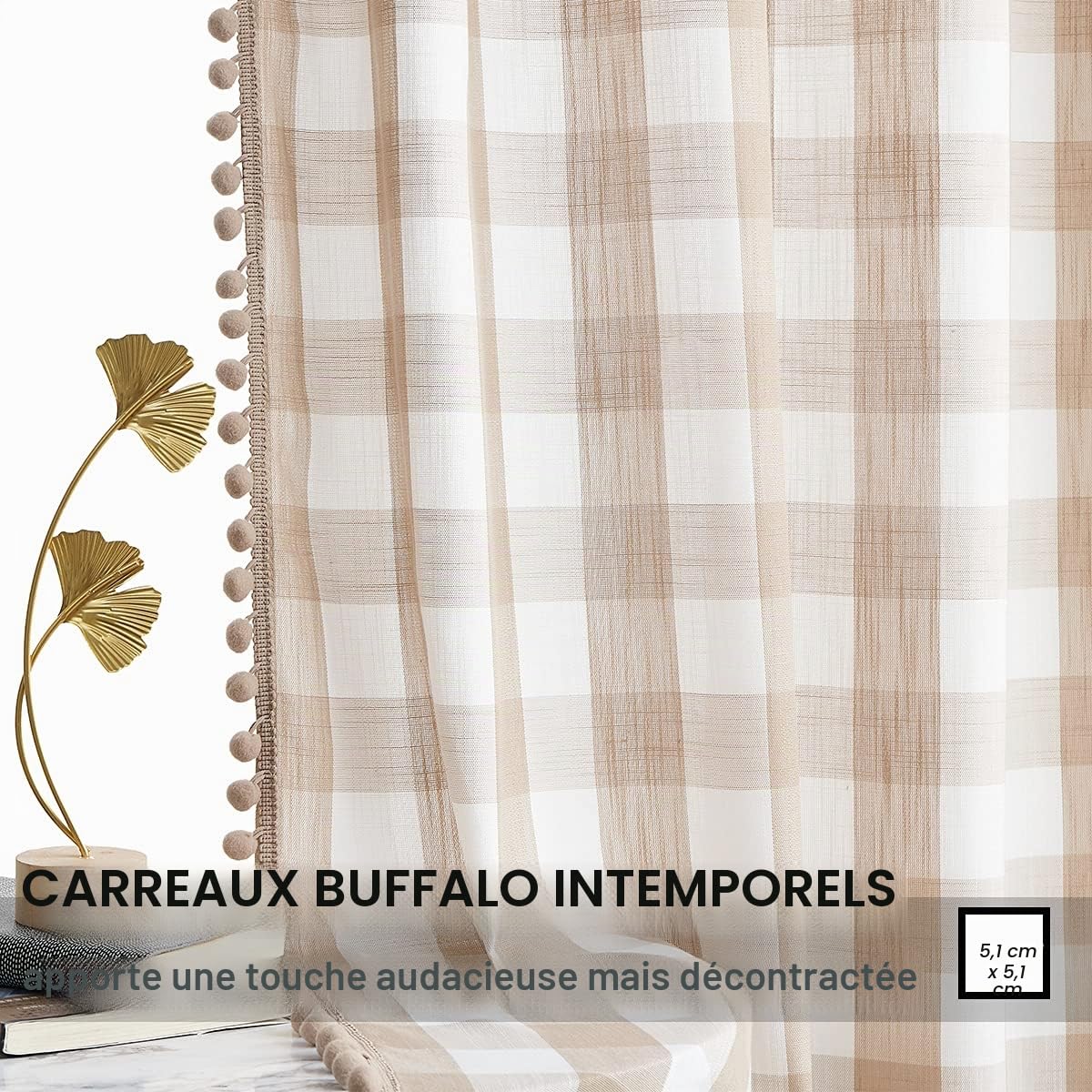Lot de 2 rideaux semi-transparents à pompons pour salon, beige et blanc, motif à carreaux de buffle filtrant de la lumière, panneaux de fenêtre texturés en lin pour bureau, brun roux, 101.6x228.6 cm