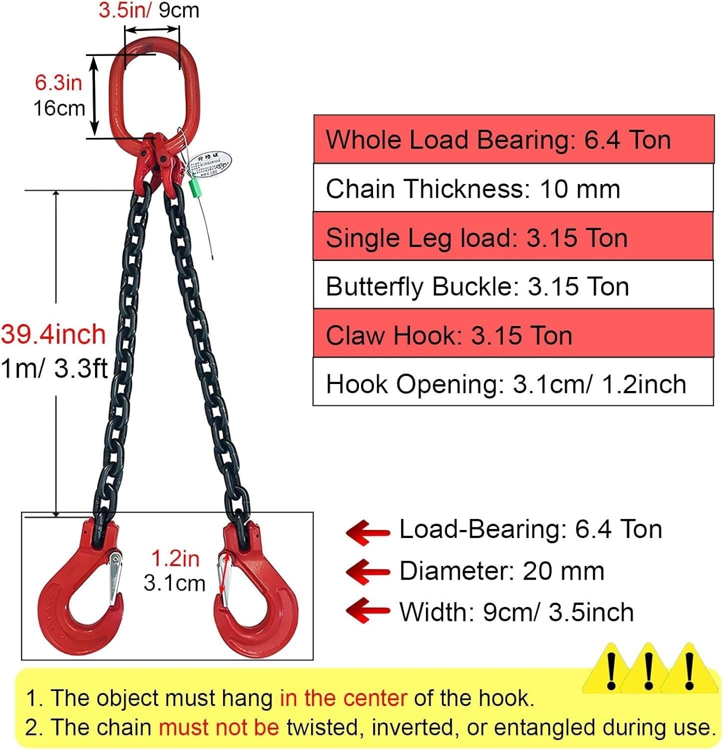 Cadenas de elevación Cadena con Ganchos de Agarre y Eslinga, for Remolque y manipulación de Seguridad de Carga, eslingas de Cadena industriales de Acero de aleación G80 Pulsera(6.4 Ton)