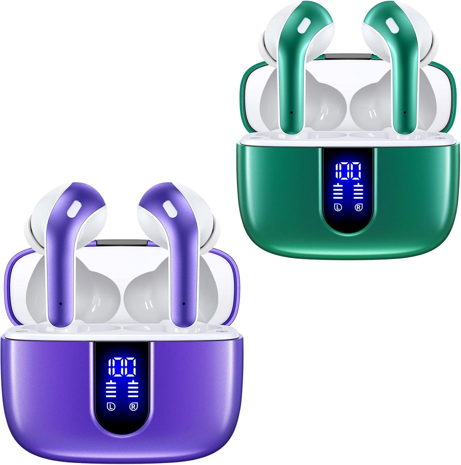 TAGRY 2 Sets X08 Forest Green and Phantom Purple Bluetooth Headphones True Wireless Earbuds 60H Playback Ear Buds with Wireless Charging Case in-Ear Earbuds with Mic