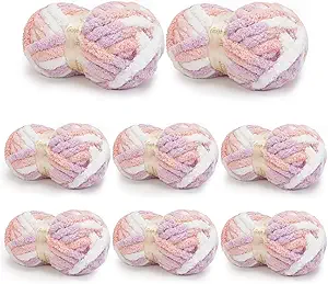 Chunky Yarn for Hand Knitting, Chunky Chenille Blanket Yarn for Crocheting, Bulky Soft Fluffy Chenille for Blanket Project, 8 Pack of 8oz/25yds, White&Pink