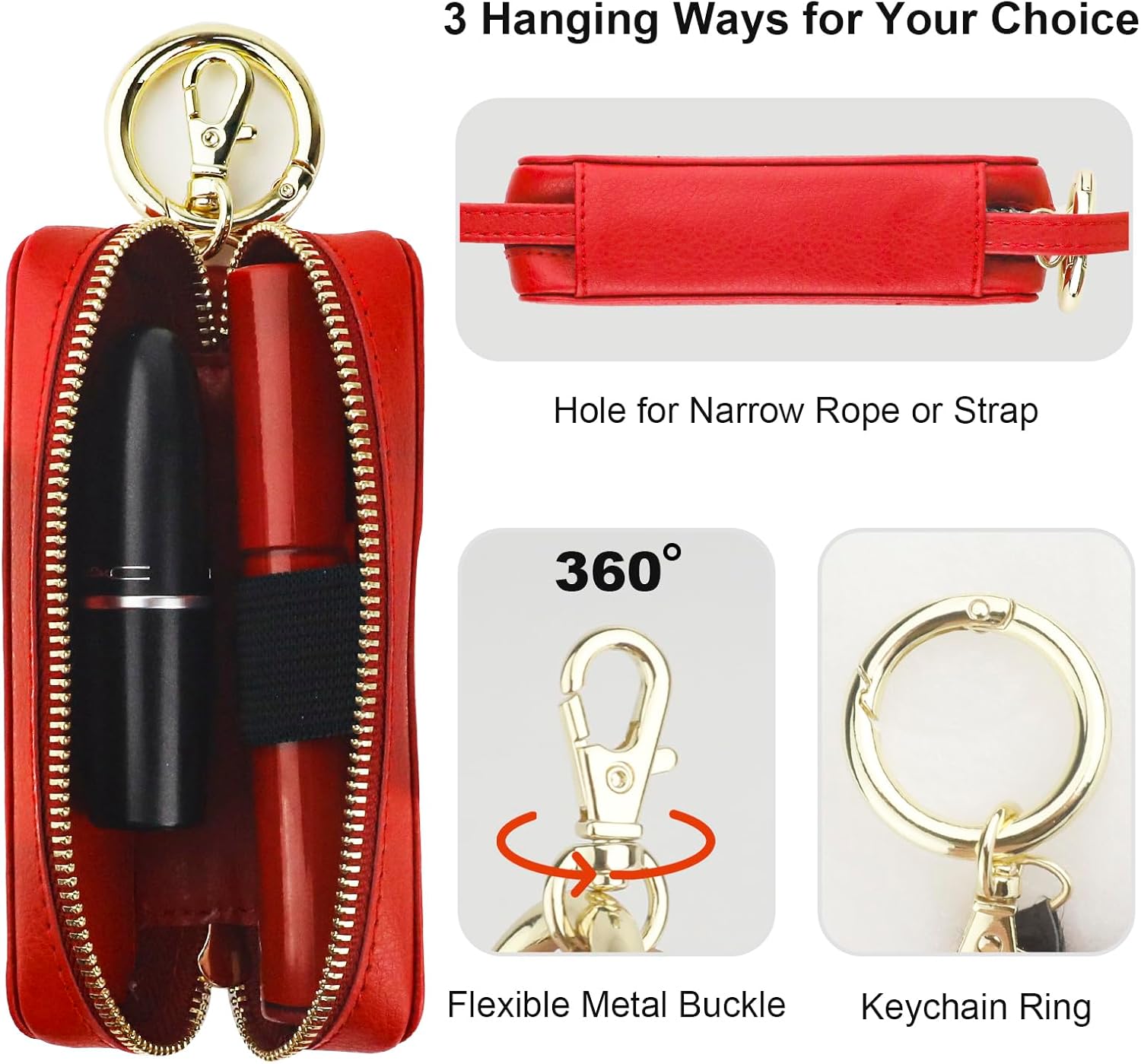 Bocasal Leather Lipstick Case Holder Chapstick Keychain Pouch, Zipper Lip Balm Lip Gloss Bag for Purse with Key Chain Elastic Band, Makeup Travel Organizer, Cosmetic Storage Kit for Women Girls (Red)