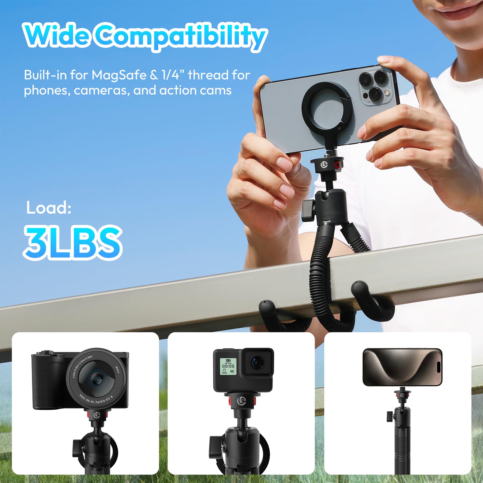 ULANZI Trépied Octopus Magnétique Flexible, Mini Perche à Selfie, Support de Téléphone et DSLR Pliable avec Filetage 1/4", Compatible avec iPhone 16 15 14 13 12, Les Appareils Pphoto, MagSafe