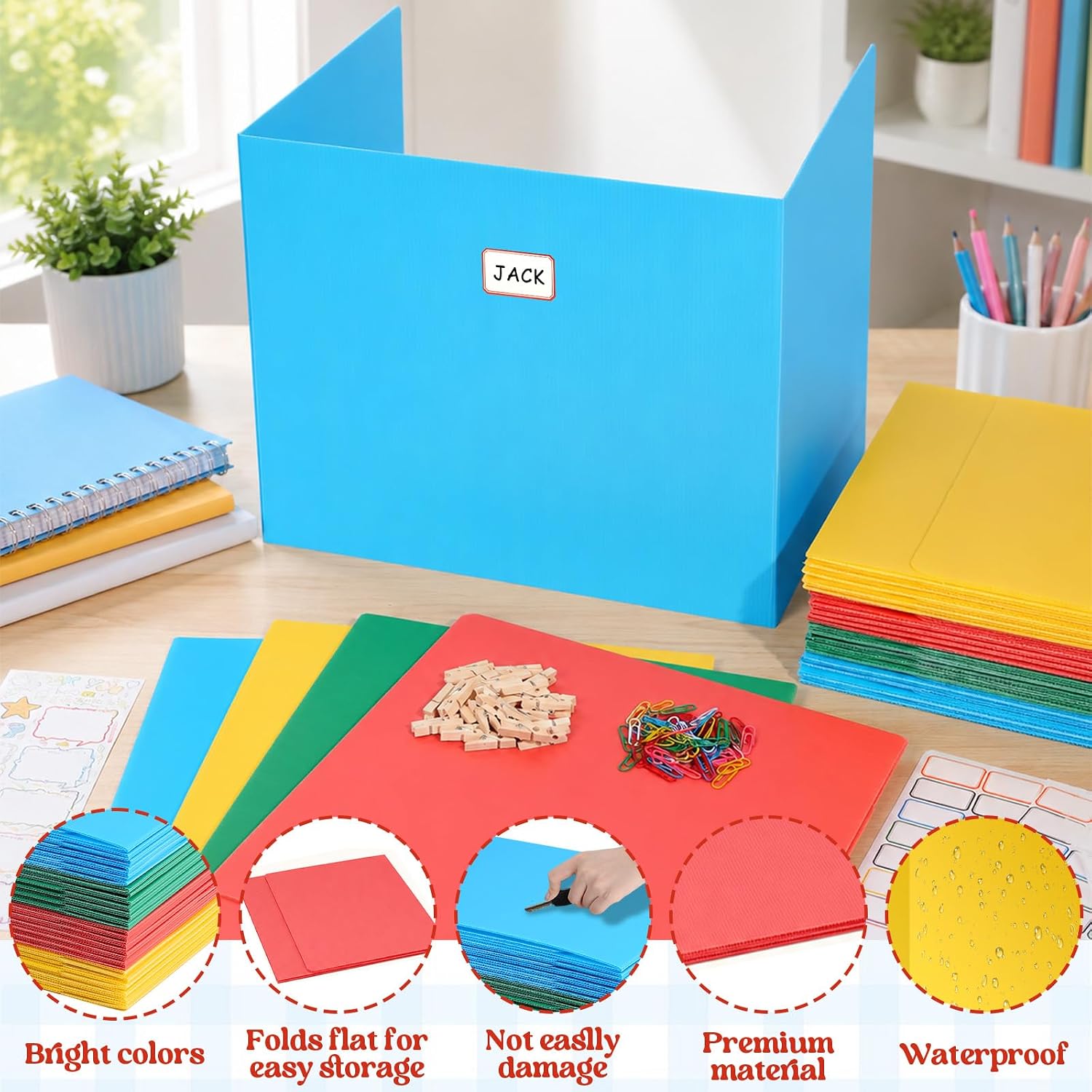 24 Packs Pastel Privacy Folders Desk Durable Waterproof Plastic Divider Board Tri Fold Easy Clean Privacy Shield Divider with Sticker Clips and Clips for Back to School Classroom Teacher Supplies image 5