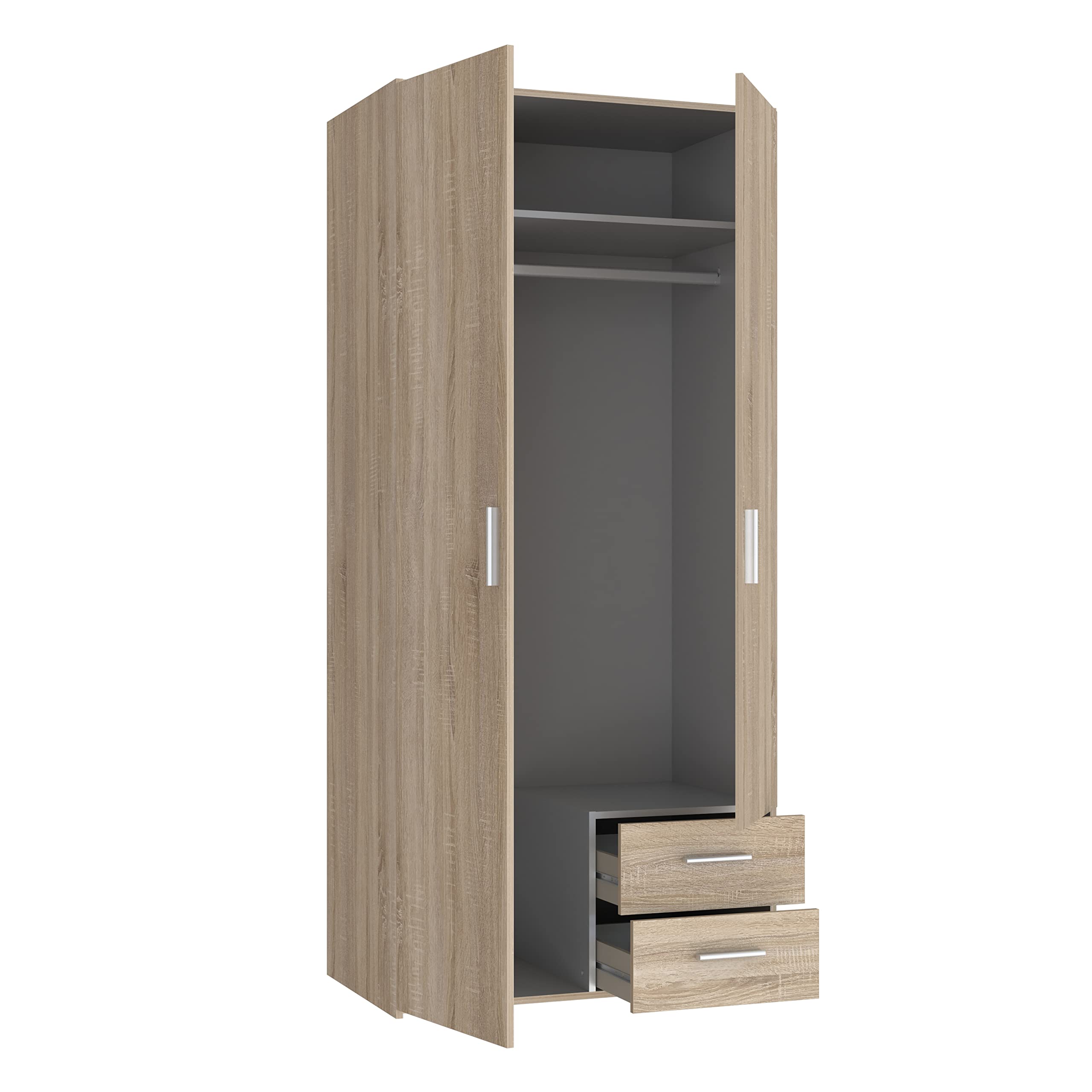 FORTE TELANE Kleiderschrank 80 90, Moderner Kleiderschrank, 2-türig, 2 Schubladen, Drehtürenschrank, Holzwerkstoff, Weiß/Beige, 87,9 cm breit x 195 cm hoch x 53,9 cm tief