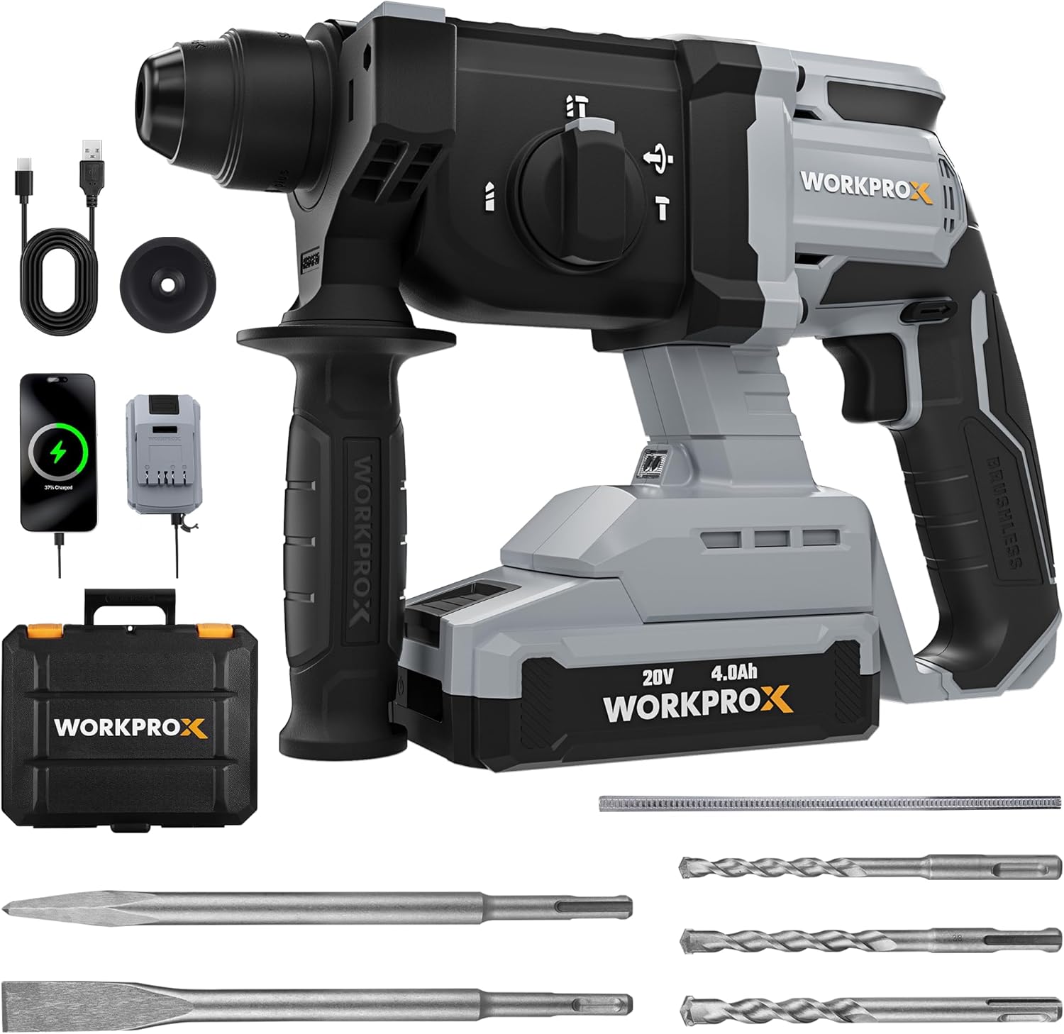 WORKPROX 20V Cordless Rotary Hammer Drill, 7/8" SDS-Plus, 2.0J Hammer Drill for Concrete with 4 Functions, Brushless Motor, 4.0Ah Battery & LED Light, Lightweight SDS Hammer Drill for Home Use