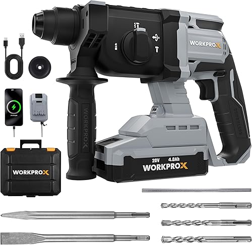 WORKPROX 20V Cordless Rotary Hammer Drill, 7/8" SDS-Plus, 2.0J Hammer Drill for Concrete with 4 Functions, Brushless Motor, 4.0Ah Battery & LED Light, Lightweight SDS Hammer Drill for Home Use WORKPROX 20V Cordless Rotary Hammer Drill, 7/8" SDS-Plus, 2.0J Hammer Drill for Concrete with 4 Functions, Brushless Motor, 4.0Ah Battery & LED Light, Lightweight SDS Hammer Drill for Home Use