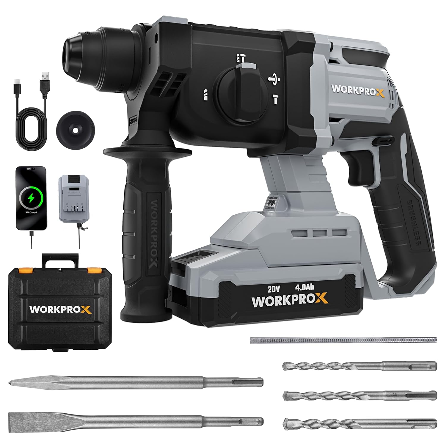 WORKPROX 20V Cordless Rotary Hammer Drill & WORKPRO 17-Piece SDS-Plus Rotary Hammer Drill Bits and Chisel Set