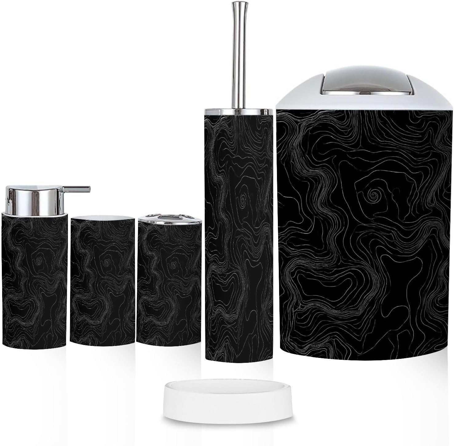 Bathroom Accessory Set 6PCS Light Topographic Contour map Cartography Trash can, Soap Dispenser, Toothbrush Holder, Toilet Brush & Holder, Soap Dish for Housewarming Gifts