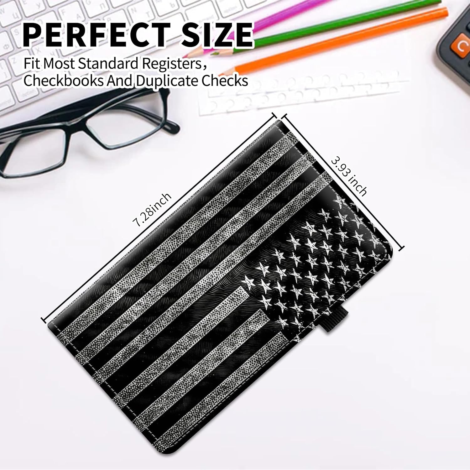 Checkbook Cover,Leather Standard Register Checkbook Case with RFID Blocking - Check Book Cover Wallet for Women Duplicate Check Card Pen Holder,US American Flag - Image 2