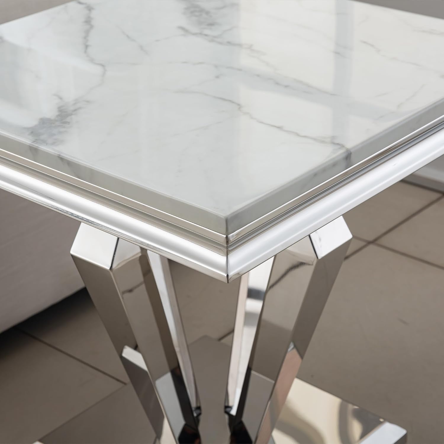 47" White Coffee Table, Modern Silver Coffee Table with Faux Marble Top,Luxury Cocktail Table with Diamond Design Geometric Stainless Steel Frame,Rectangular Center Table Tea Table for Living Room