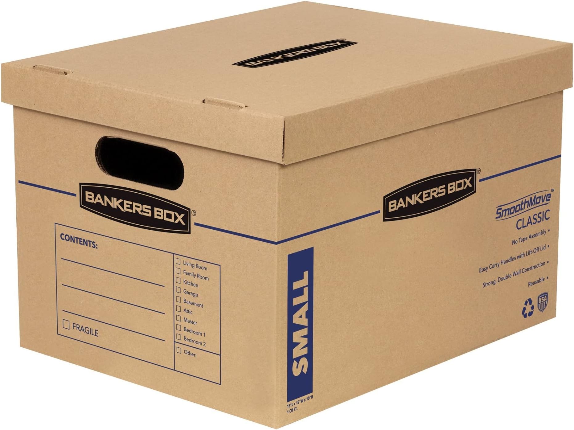 Bankers Box Small Classic Moving Box 15 Pack, Reinforced Handles, Tape-Free Assembly, Box with Lid, 15-in x 12-in x 10-in (7714209)