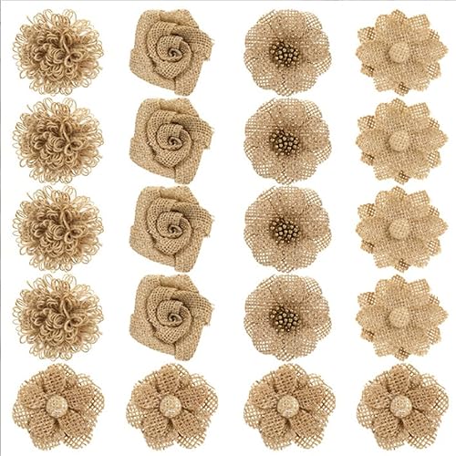 KUMGROT 20 flores de tela de arpillera, flores naturales hechas a mano, rosas de arpillera, flores rústicas vintage para manualidades, decoración de