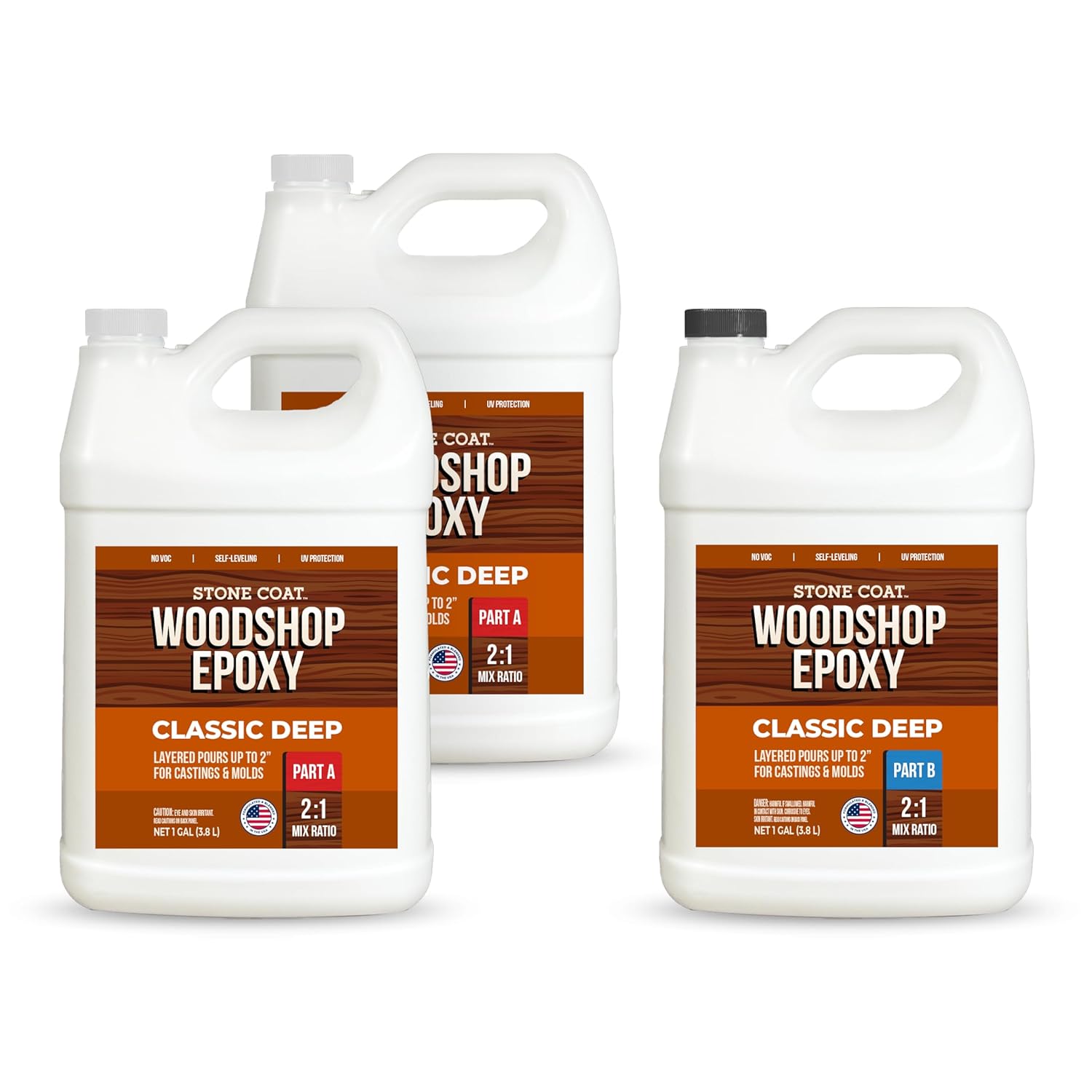 Stone Coat Woodshop Epoxy Classic Deep, 1.5 Gal Kit, Crystal Clear Deep Pour Epoxy Resin, Food-Safe, Self-Level, UV Resistant, Ideal for Casting River Tables, Live Edge, Filling Molds, 2" Layer Pours