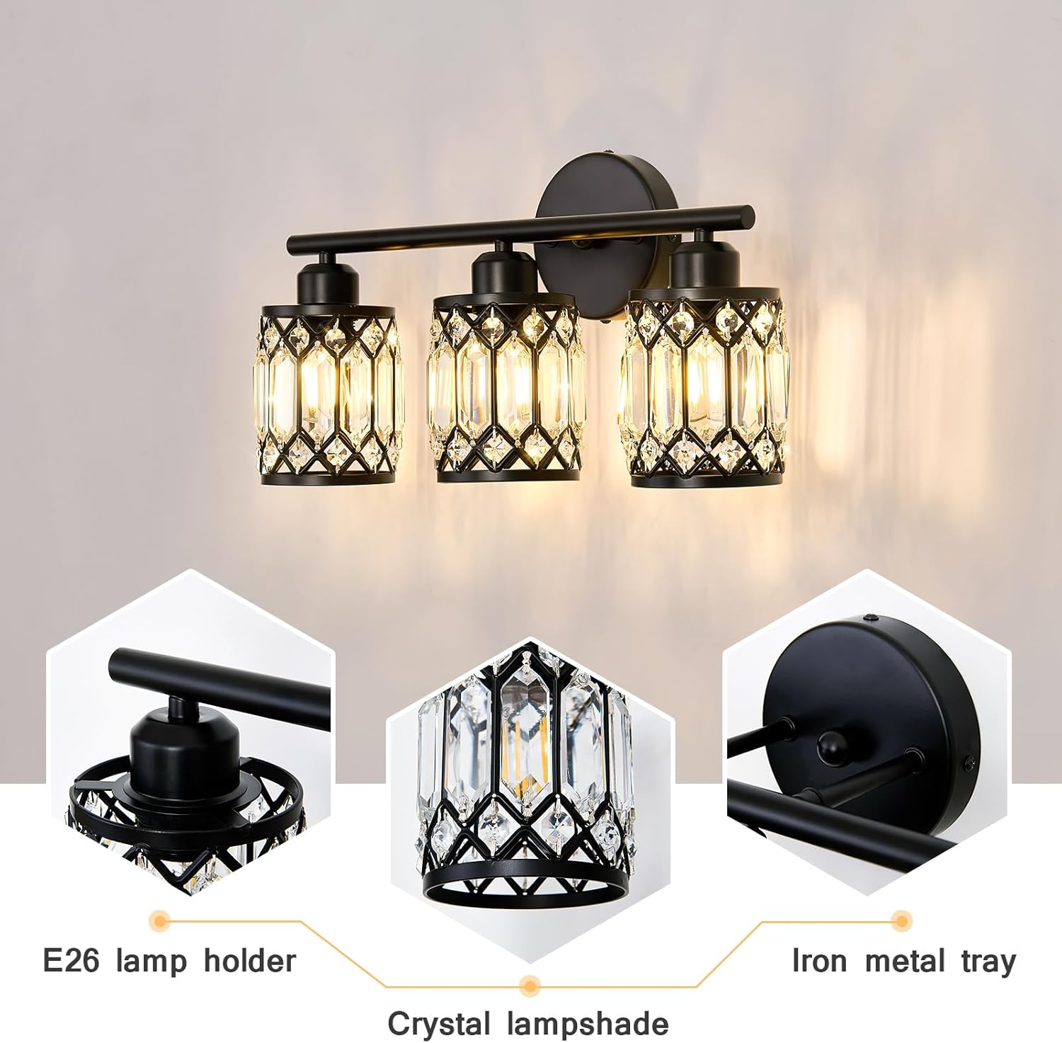 CVKASH 3 Light Bathroom Vanity Light Fixture Over Mirror Black Vintage Vanity Lights with Glass Shade Farmhouse Wall Sceonce for Bedroom Dressing Room Living Room Hallway Cabinet