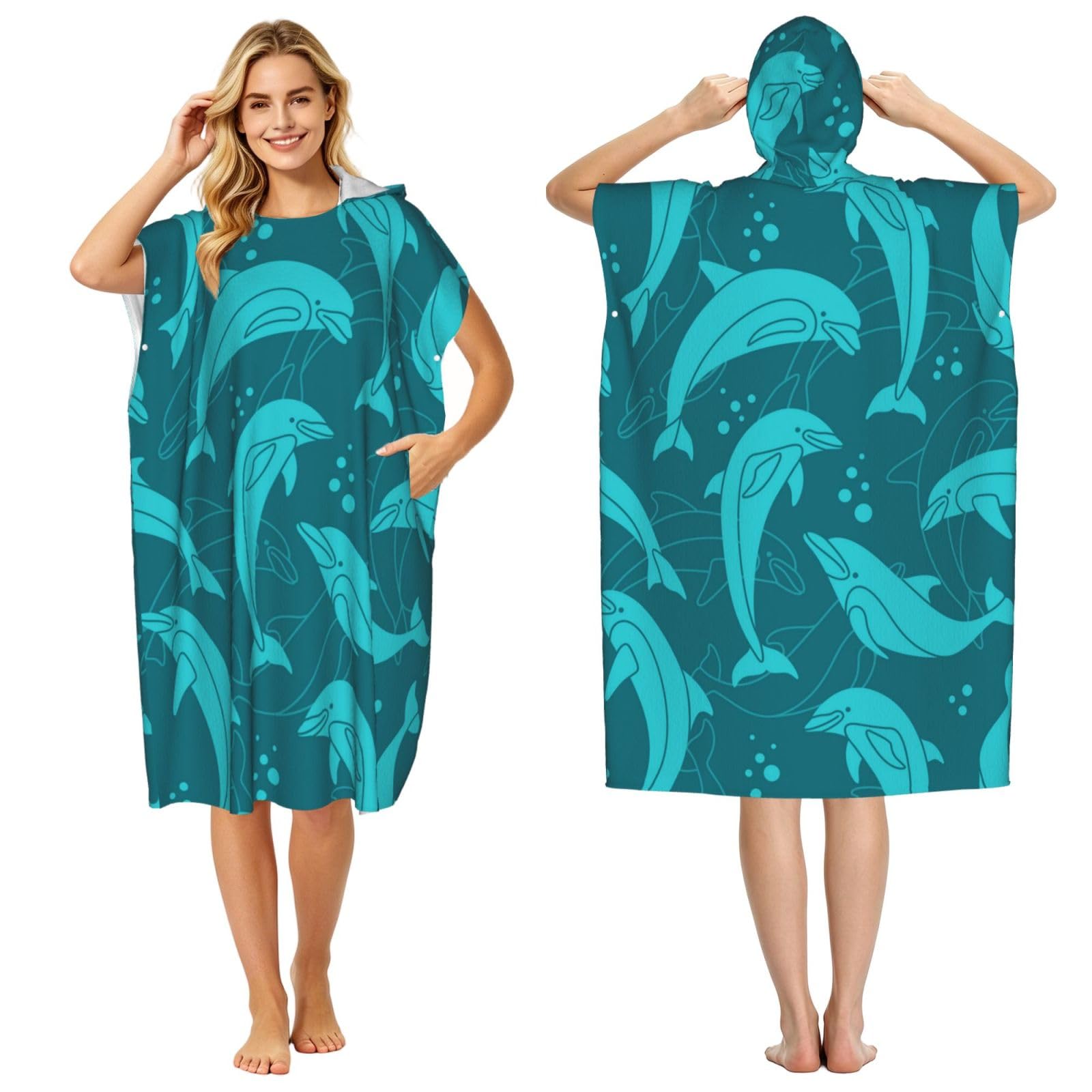 Poadnly Dolphins Pattern, Adult Hooded Beach Towel 90 x 110 cm,Changing Bath Robe, Surf Poncho Towel For Women Men