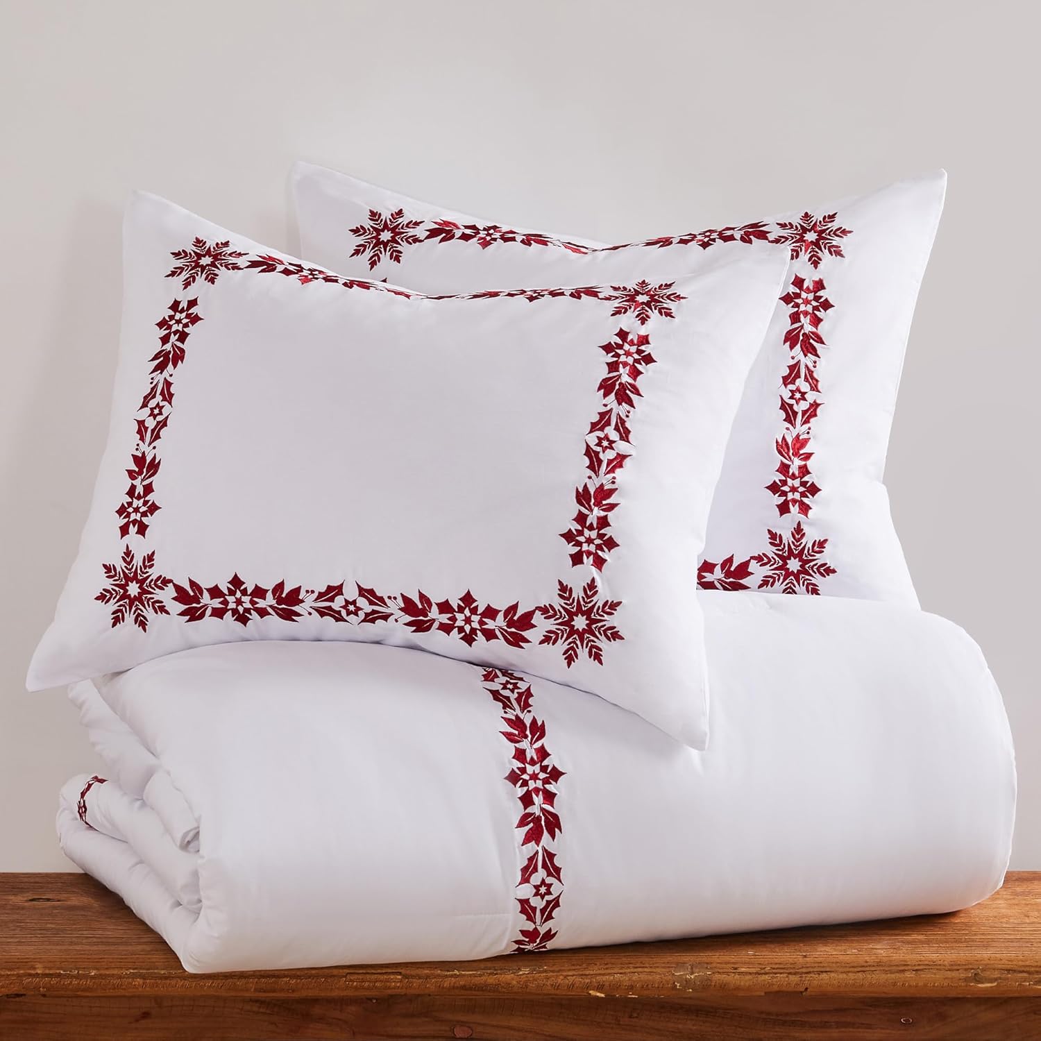 Levtex Home - Holly & Thistle Comforter Set - Twin Comforter (68 x 88in.) + One Standard Pillow Sham (26 x 20in.) - Embroidered Border Christmas - Red and White - Cotton