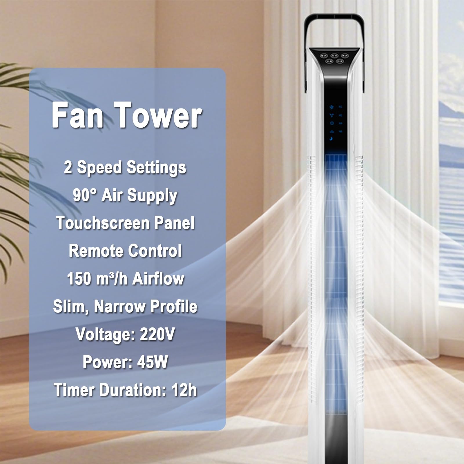 Ventilador Torre Silencioso, Ventilador Columna 45W, Flujo de Aire 150m³/h | Ventilador Silencioso Torre, Rotación 90°, 3 Velocidades, Base Diámetro 26cm, Apagado con Temporizador(93cm/37in)