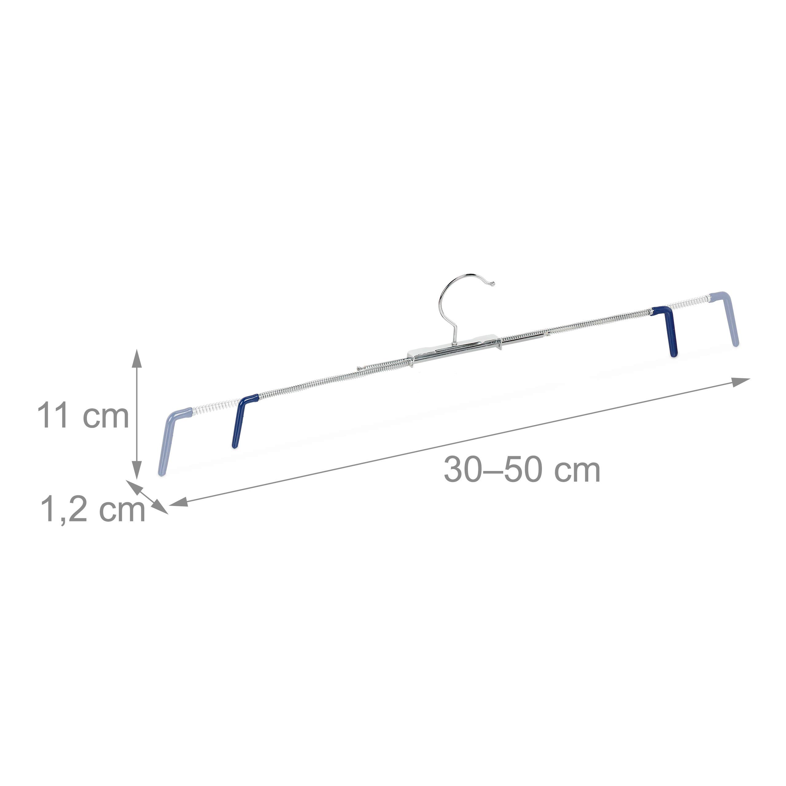 Pack de 50 Perchas Pantalones Extensibles, Faldas, Antideslizantes, 30-50 cm Ancho, Metal-PVC, Plateado-Azul