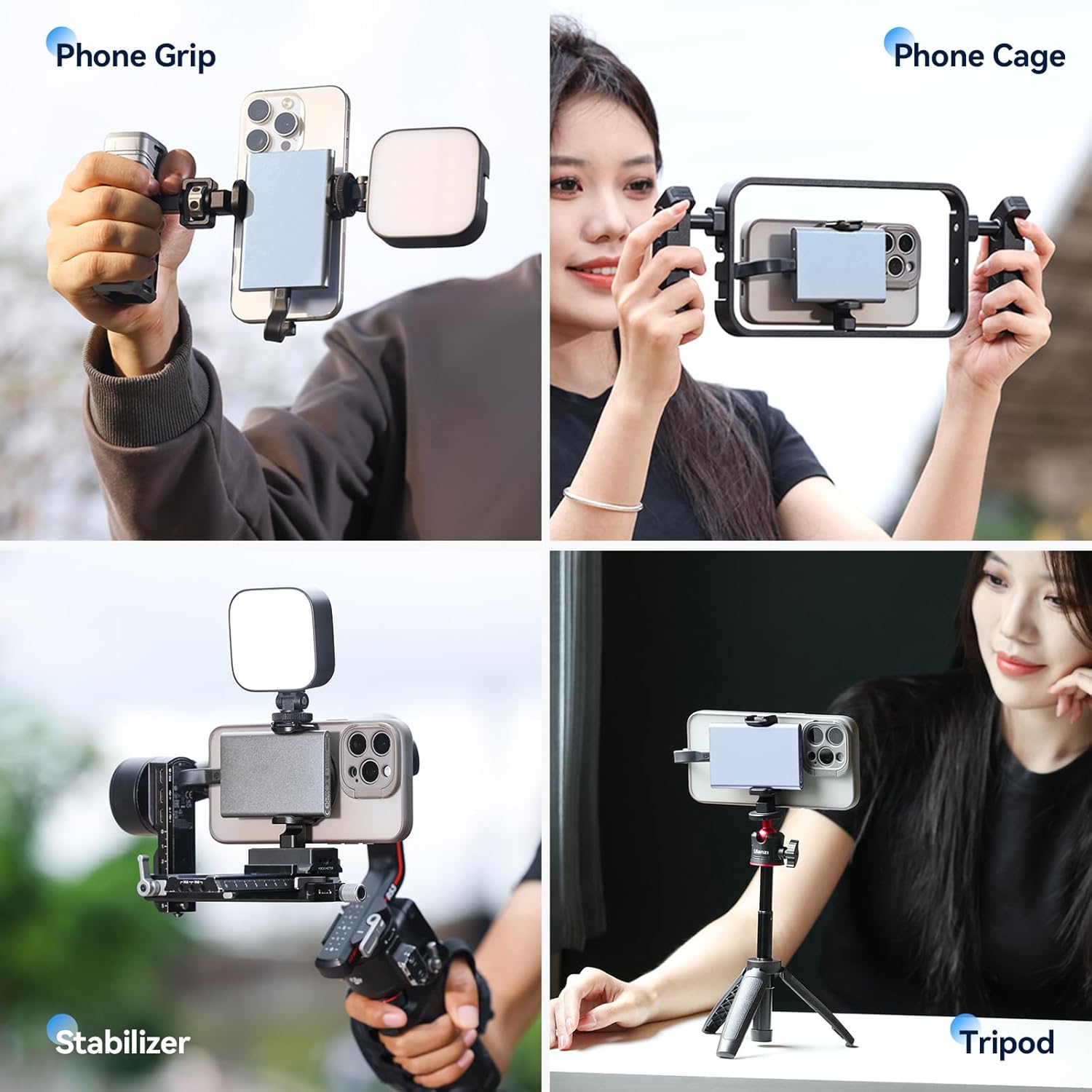 Four images demonstrating different uses of the ULANZI MG10: as a phone grip, in a phone cage, on a stabilizer, and on a tripod.
