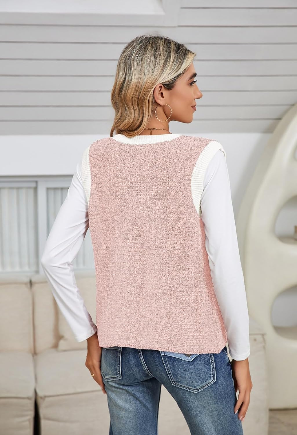 Pink Queen Women's Sweater Vest 2025 Sleeveless Knit Crewneck Button Down Tank Tops Fashion Casual Loose Cardigans - Image 4
