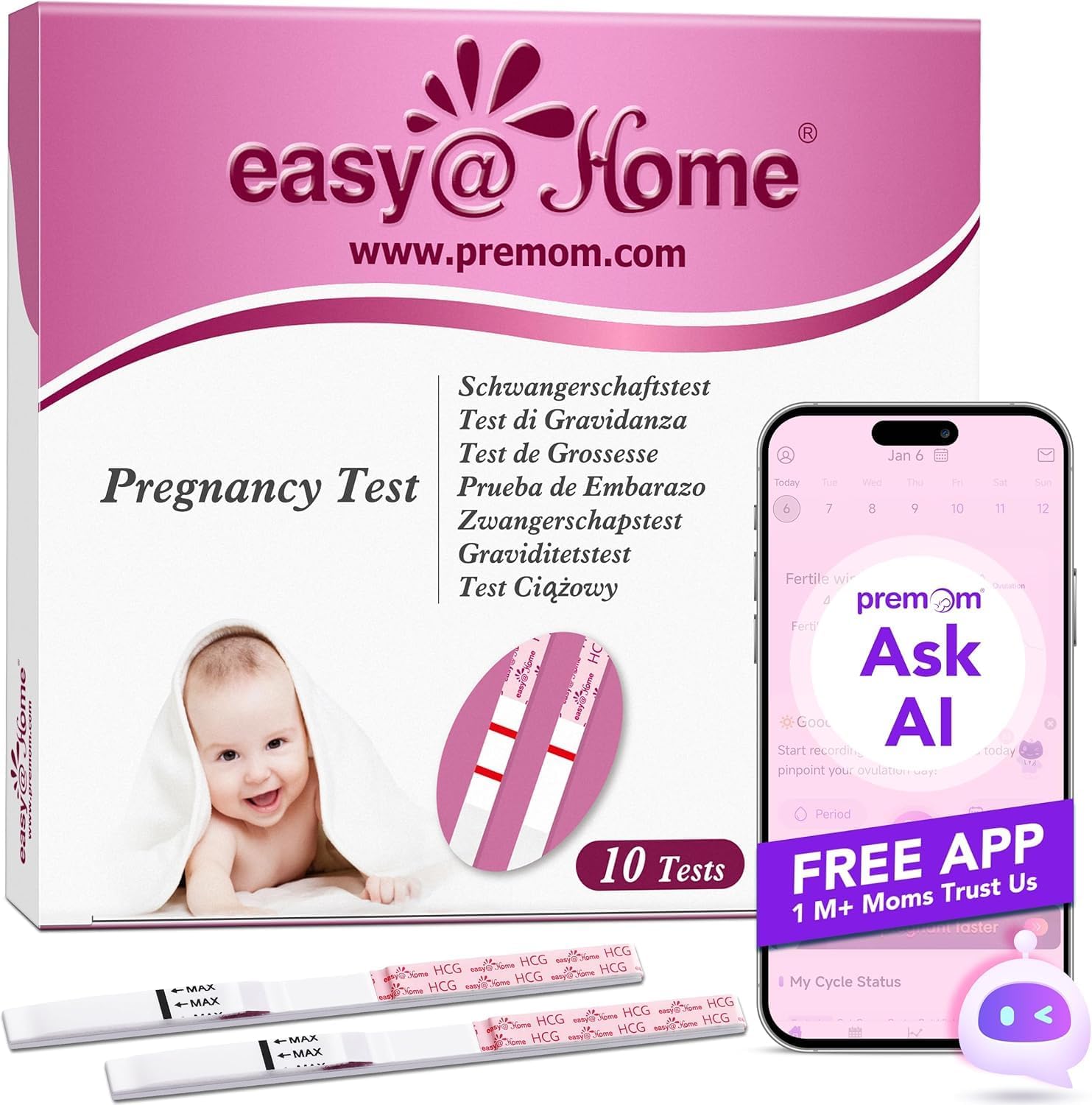 Easy@Home 10 Pregnancy Test Strips for Early Detection: 10 MIU/mL, 5 mm Width