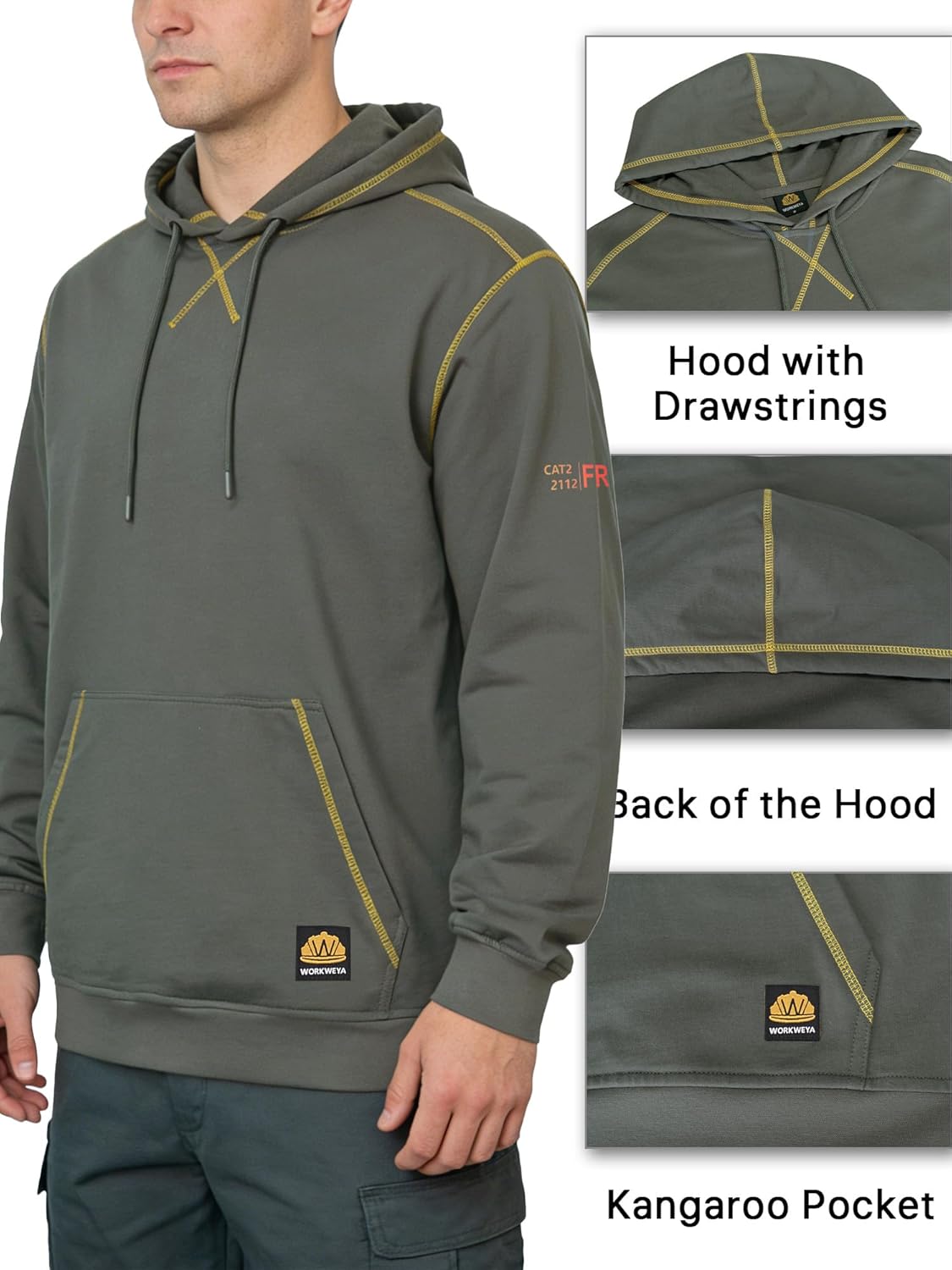 WORKWEYA FR Hoodies for Men 7.5oz Cotton Flame Resistant Pullover Sweatshirt NFPA2112 Hooded Shirt - Image 4