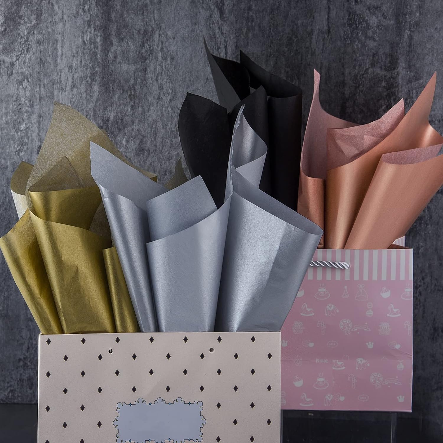 MIAHART 90 Sheets Metallic Gift Wrapping Paper Tissue Paper Bulk for Christmas Weddings Birthday Graduation Party Decor DIY Arts Crafts 20x14Inch (Metallic Gold Silver Rose Gold and Black) : Arts, Crafts & Sewing
