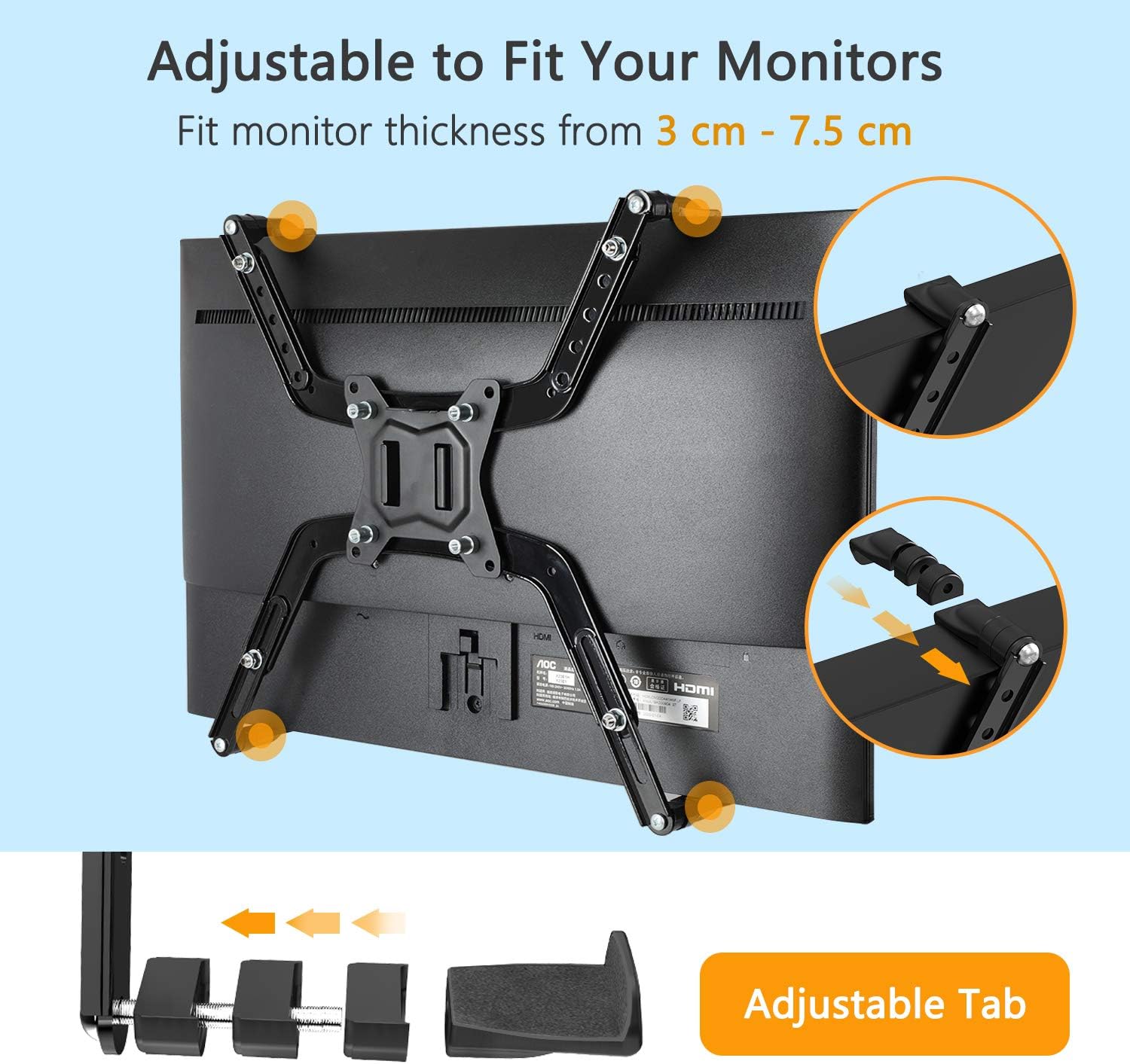 Close-up of the adjustable tabs on the adapter fitting a monitor of specific thickness