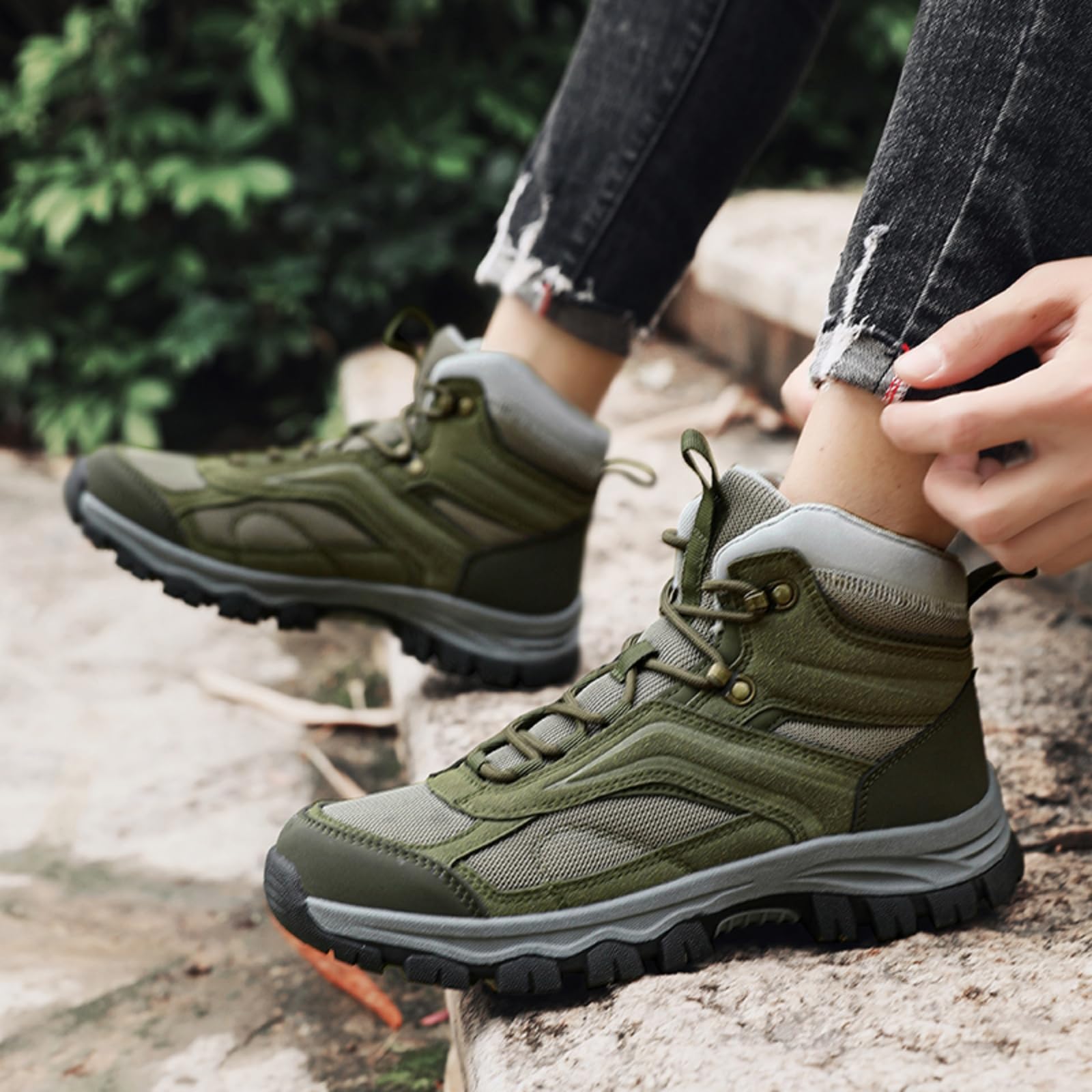 Męskie lekkie buty trekkingowe skórzane buty turystyczne za kostkę | Wsparcie łuku stopy, Lekkość przewiewność, Do aktywności na świeżym powietrzu: trailu, trekkingu i podróży