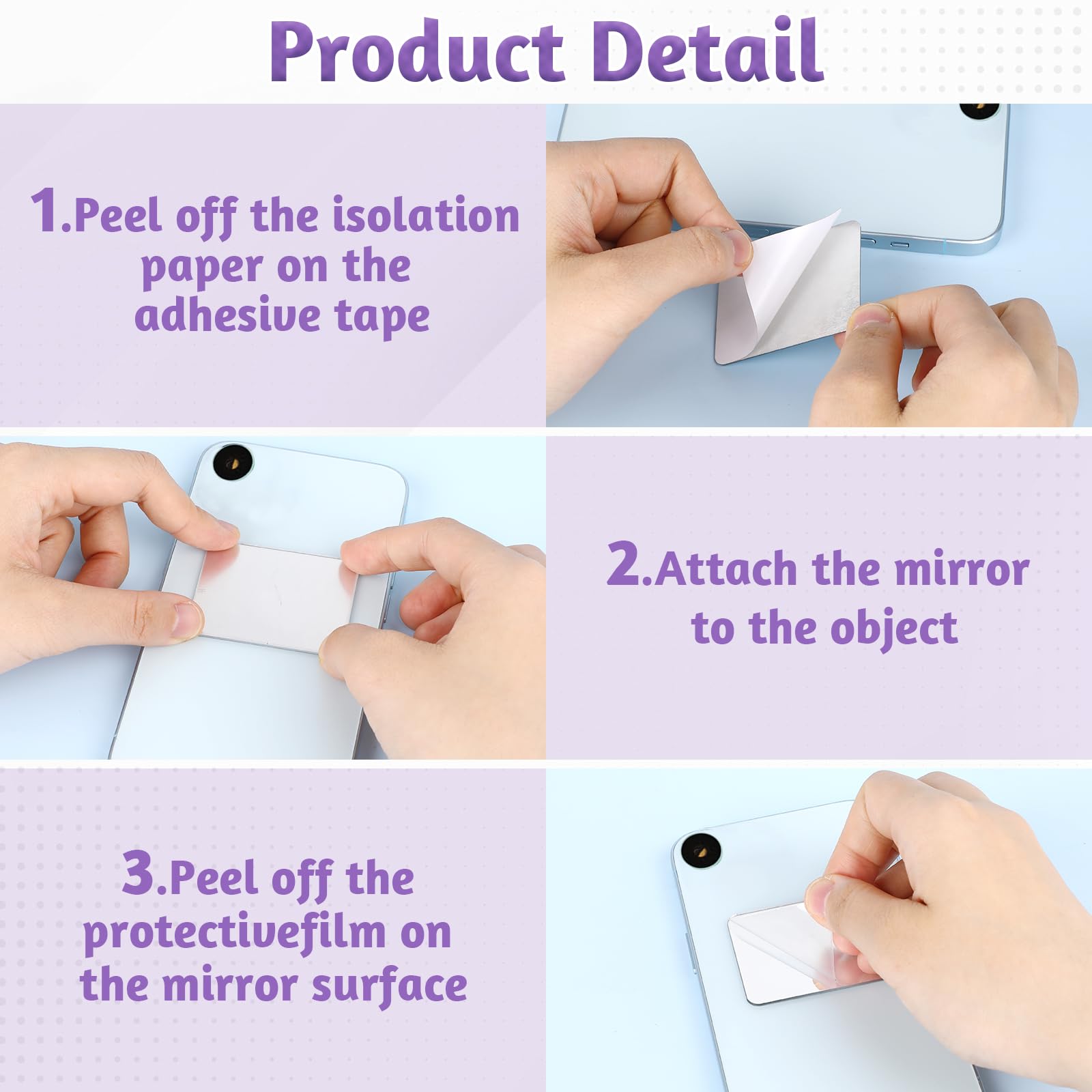 3 Pack Phone Mirror Stick On Phone Mirror Sticker Self Adhesive Slim Makeup Mirrors for Phones Case Back Acrylic Rectangle Mirrors Decal Charm for Smartphone(Peel Off Protective Film Before Use) - 5