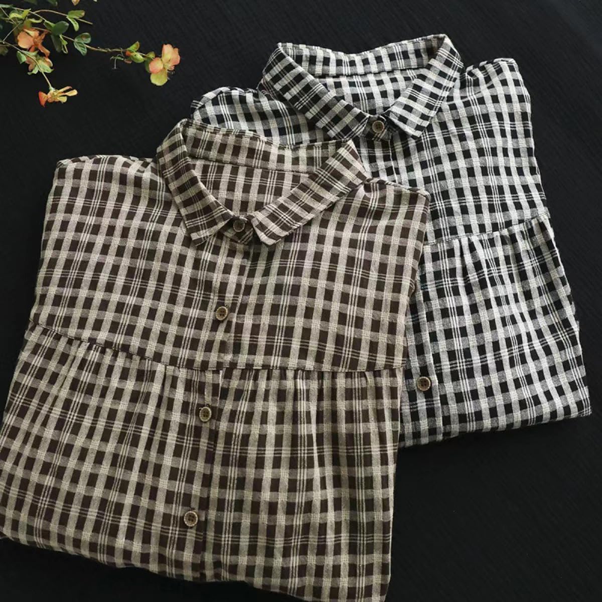 Korean Style Summer Shirt Women's Retro Cotton Linen Checkered Shirt Women's Loose Casual Short Sleeved top - Image 4