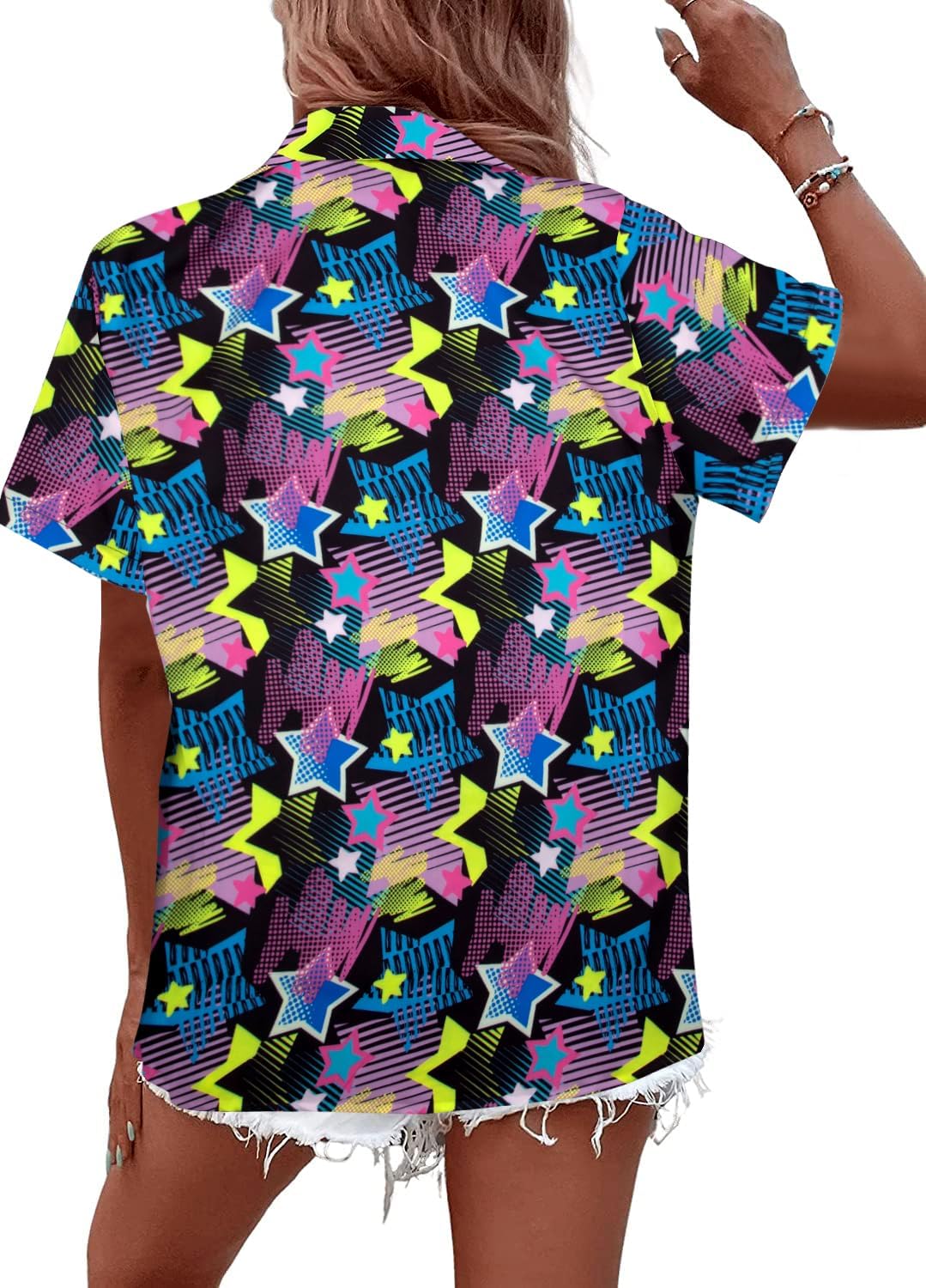 80s Outfits Women 80s 90s Neon Shirt Retro Theme Party Disco Shirt Hawaiian Button Down Short Sleeve Tops - Image 4