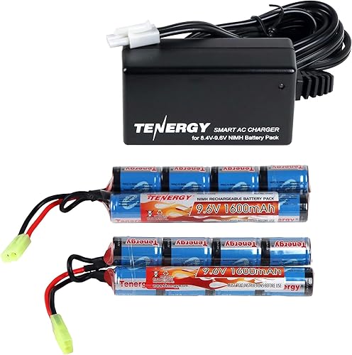 Tenergy Cargador combinado y paquete de 2 baterías recargables de mariposa de 9.6 V NiMH 1600 mAh con conector Mini Tamiya para Airsoft AEGs