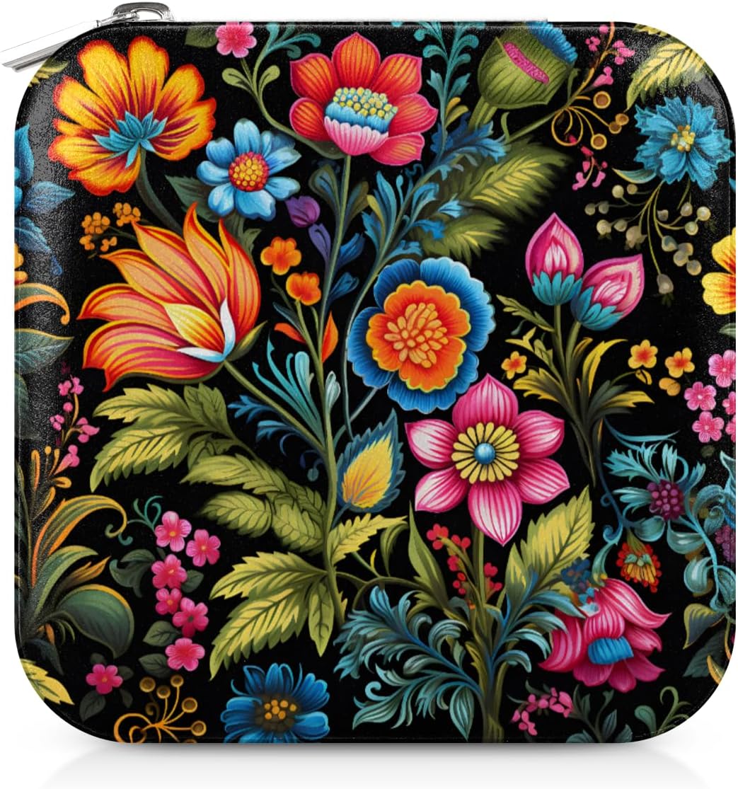 Beautiful Flower Leaves Portable Jewelry Organizer PU Leather Travel Jewelry Box with Mirror Compact Display Storage Case for Rings Earrings Necklaces Bracelets Pendants