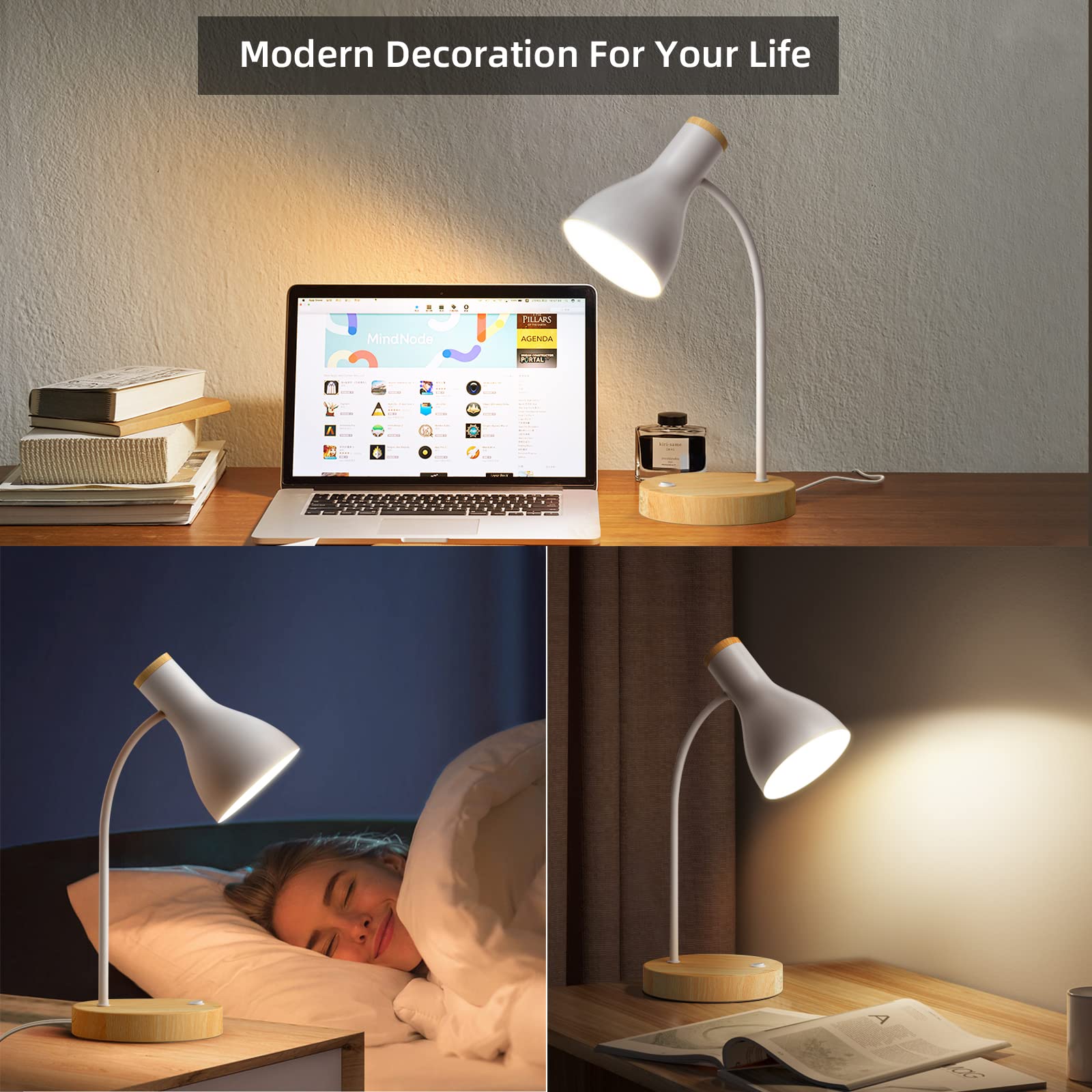 LALISU Tischlampe Basic LED Leselampe im Klassichen Holz-Design, Schreibtischlampe Augenschutz Tageslichtlampe, Verstellbarem Arm (Weiß)