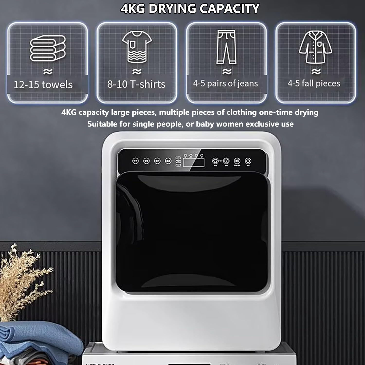 Compact Vented Tumble Dryers Stainless Steel Inner Tube, 4KG Drying Capacity, 3 Temperatures for Variety Drying Mode, LCD Smart Touch Panel, Black 1000W Electric Portable Clothes Dryer