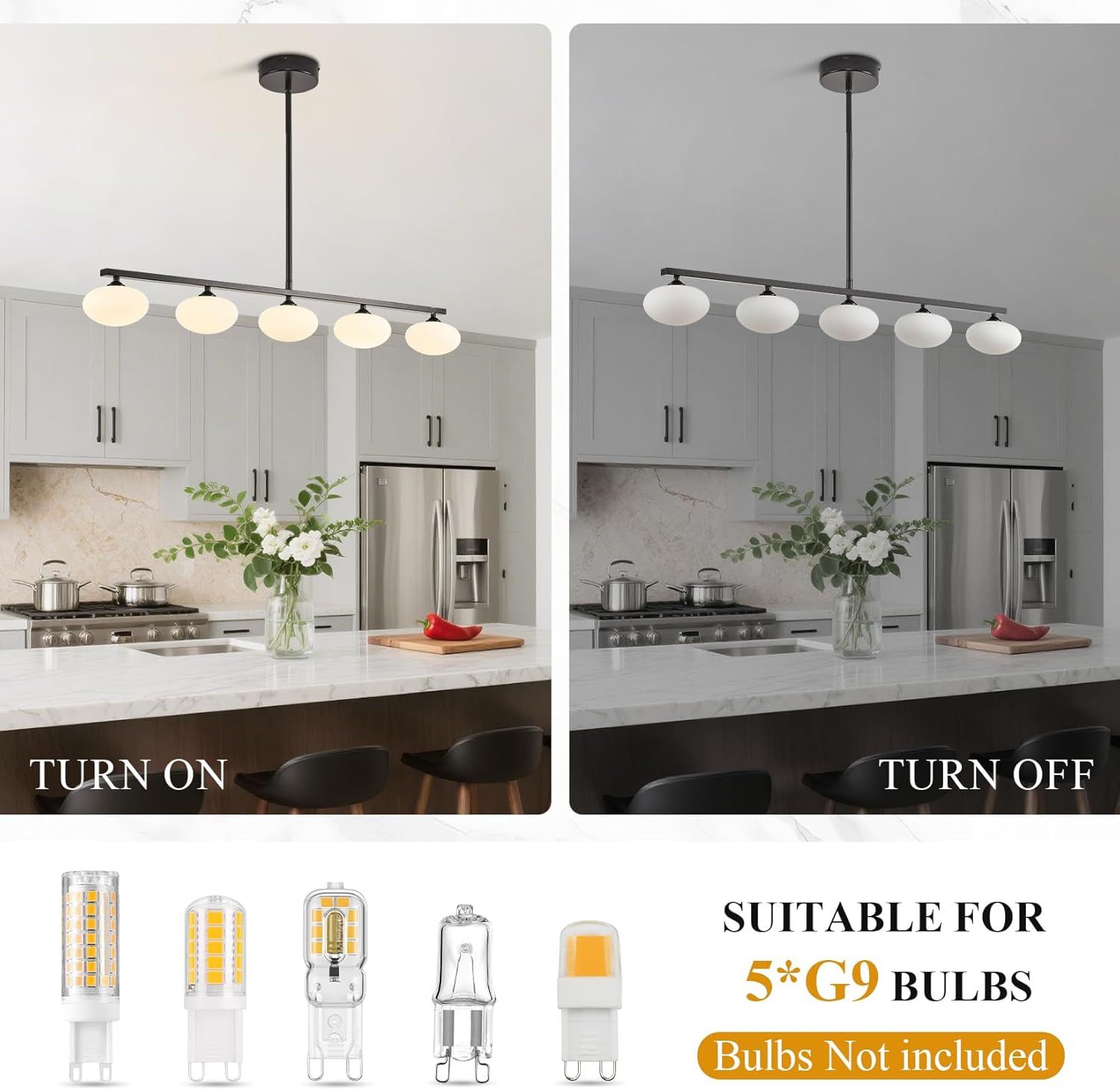 5-Light Linear Chandelier, Black Kitchen Island Light, Mid Century Globe Chandelier, Dining Room Light Fixture with Milk Glass Shades