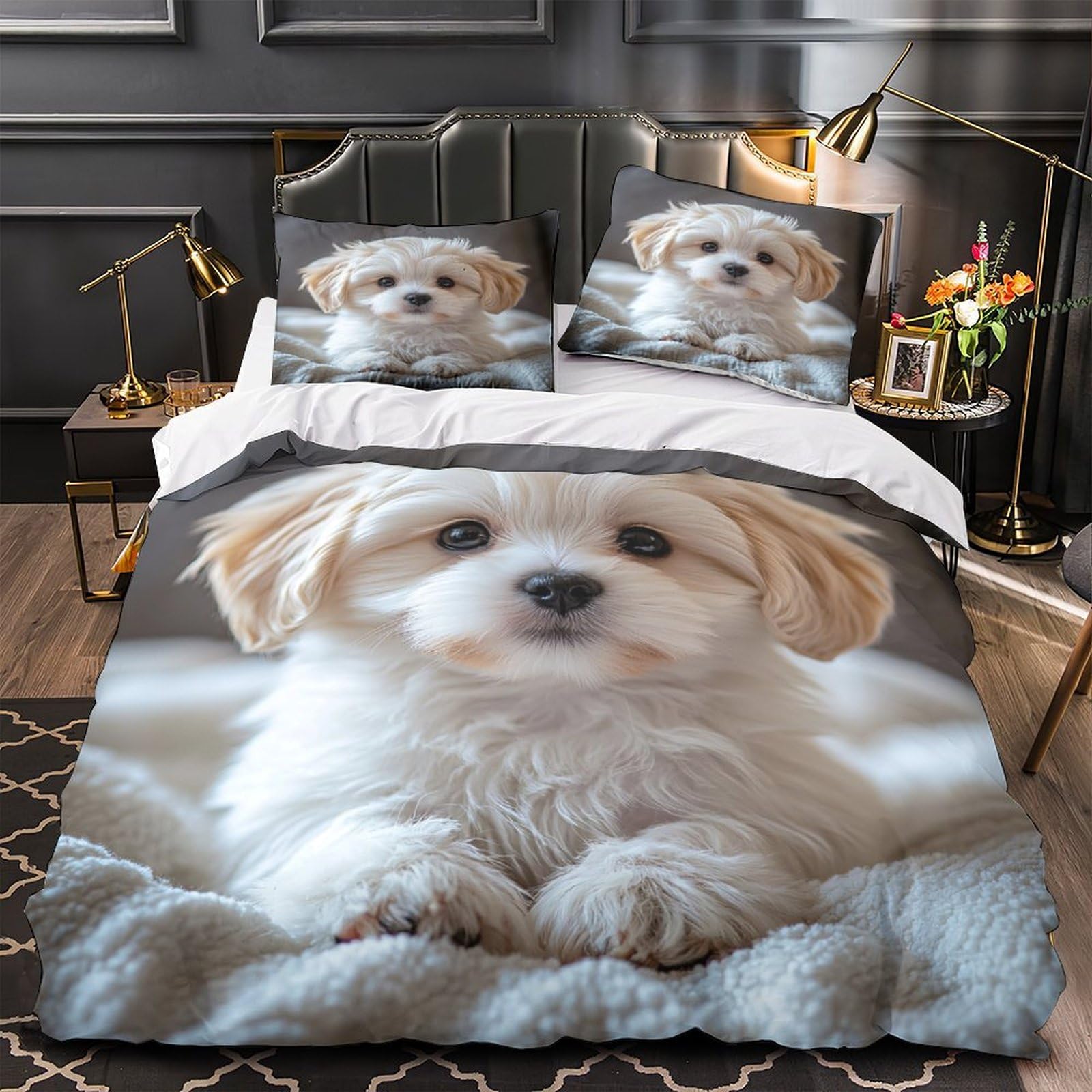 Parure de lit microfibre chiot mignon housse de couette 135x200cm fermeture éclair