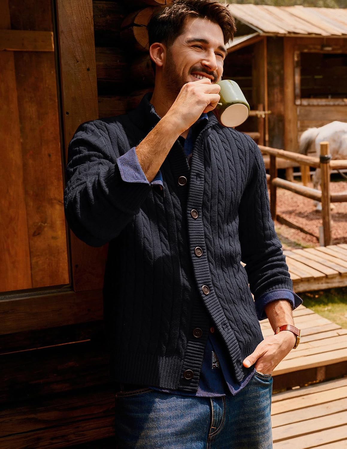 PJ PAUL JONES Mens Cardigan Sweater Button Up Stand Collar Sweater Knit Textured Sweaters - Image 4